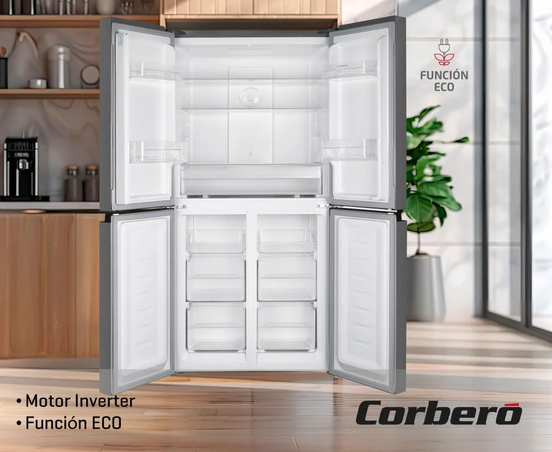 Corberó - Frigorífico 4 Puertas | CF4PH4823NFX | No Frost | Inverter | 362L | 180 cm | Display Puerta | Fresh Box | Crisper | Fresh Box Convertible | Estantes de Cristal | Función Eco | Inox