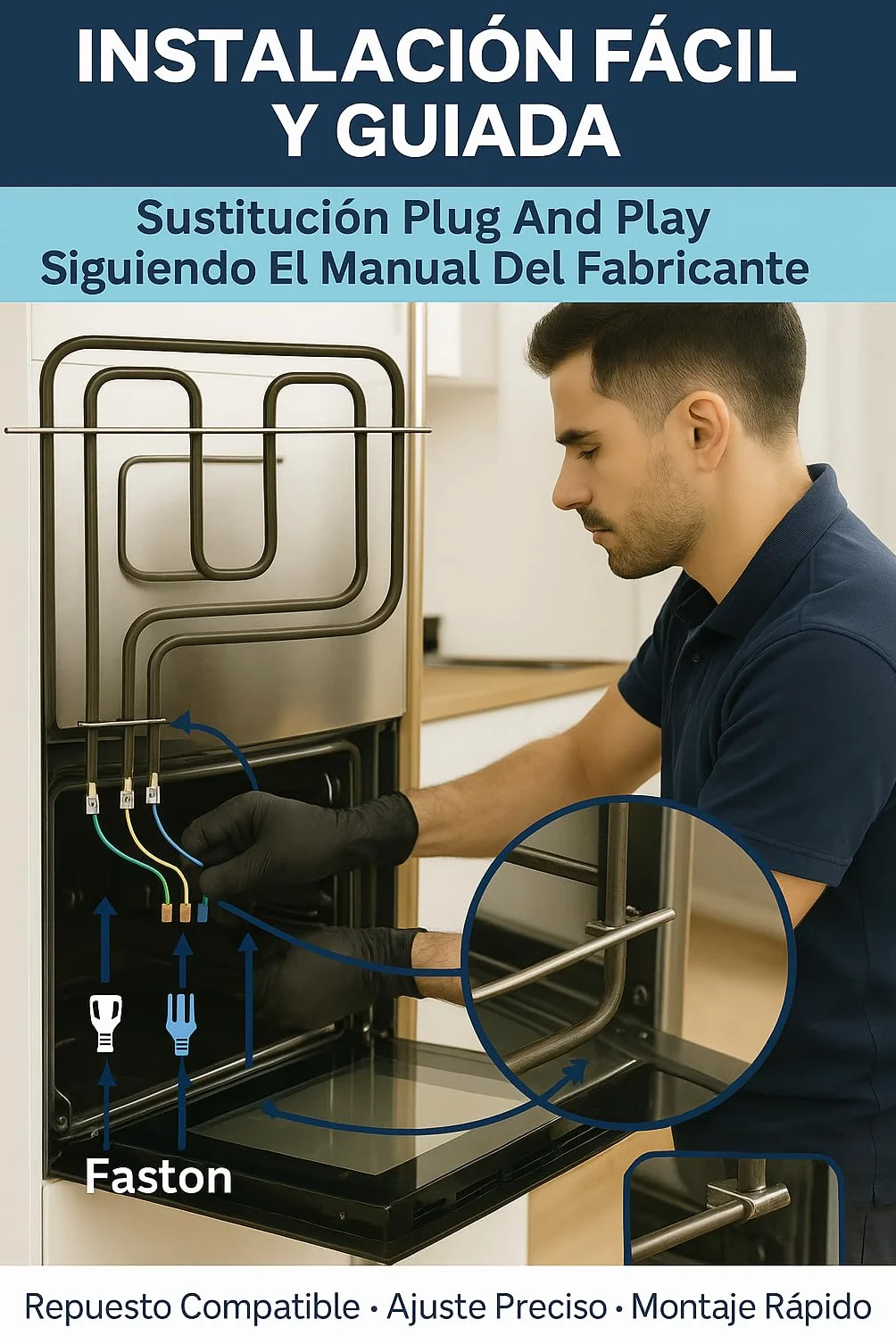 RECAMBIOS DREYMA Resistencia Solera y Grill Horno 1500W 1100W 230V Tubular Acero Montaje Faston Barra Guia Calor Uniforme Instalacion Rapida Compatible con TEKA BOSCH BALAY Repuesto Solido