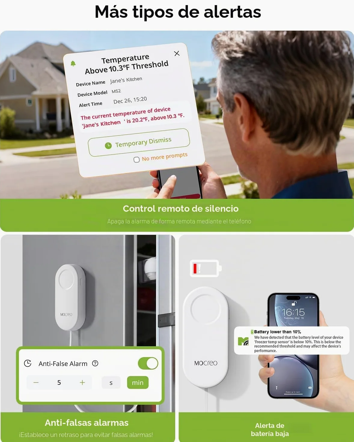 MOCREO Termómetro WiFi para congelador, alerta por correo electrónico, notificación de aplicación, exportación de registros de datos, sin tarifa de suscripción, sensor de temperatura inalámbrico