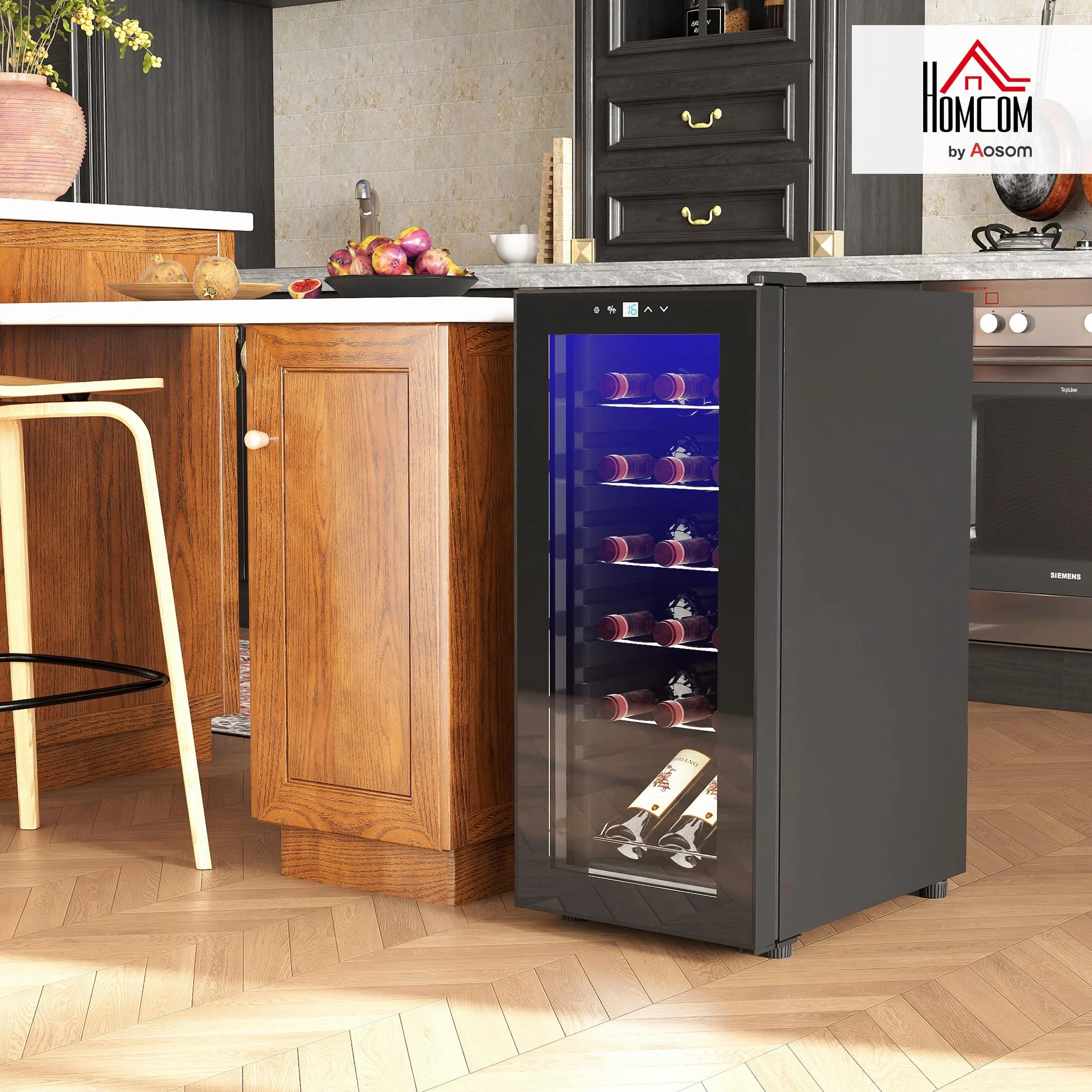 HOMCOM Nevera Vinos 18 Botellas 50L Vinoteca con Luz LED Interior Pantalla LED Táctil Digital Control de Temperatura Puerta de Vidrio Anti-UV y 5 Estantes de Metal Negro