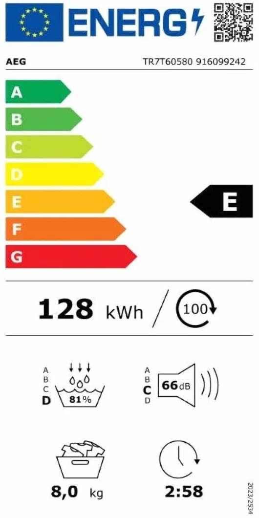AEG Secador de bomba de calor, 8 kg, serie 7000: SensiDry procedimiento en seco suave y de bajo consumo, nueva tecnología de energía E, volumen automático, tambor suave, dirección de rotación alterna