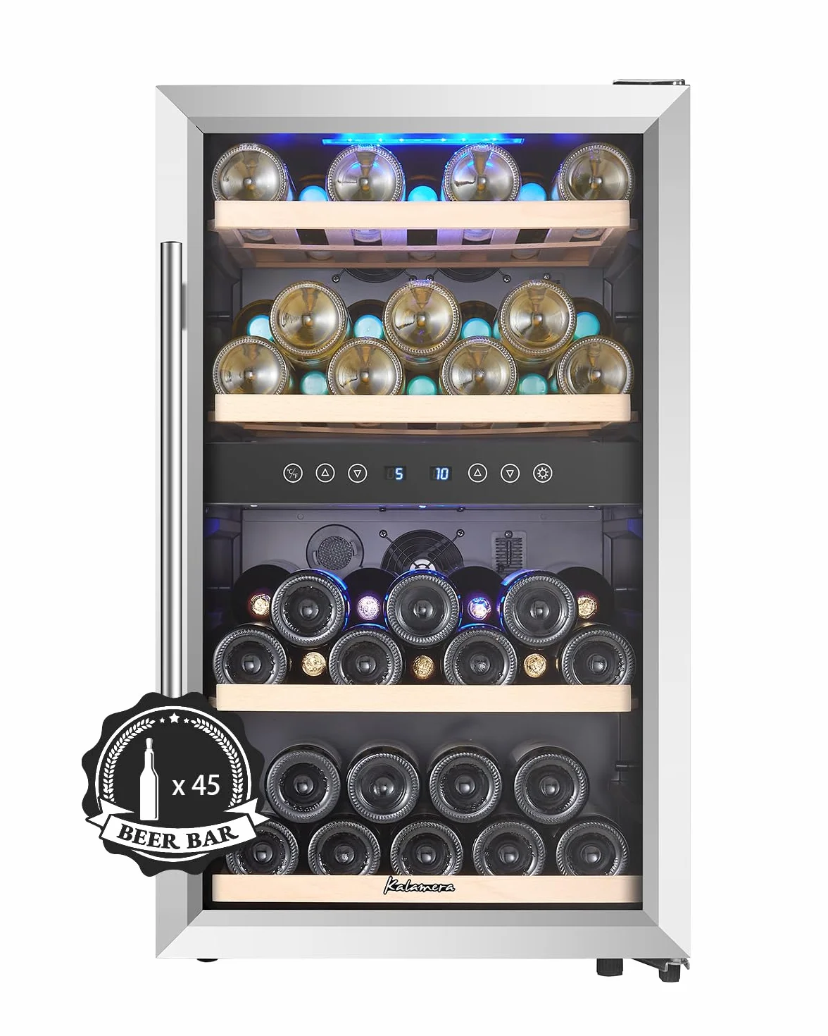 Kalamera KRC-45BSS Vinoteca, dos Zonas Vino temperier Armario, 5 – 10 °C/10 – 18 °C, 45 Botellas,120 L, acero inoxidable Puerta de Cristal, compresor, independiente