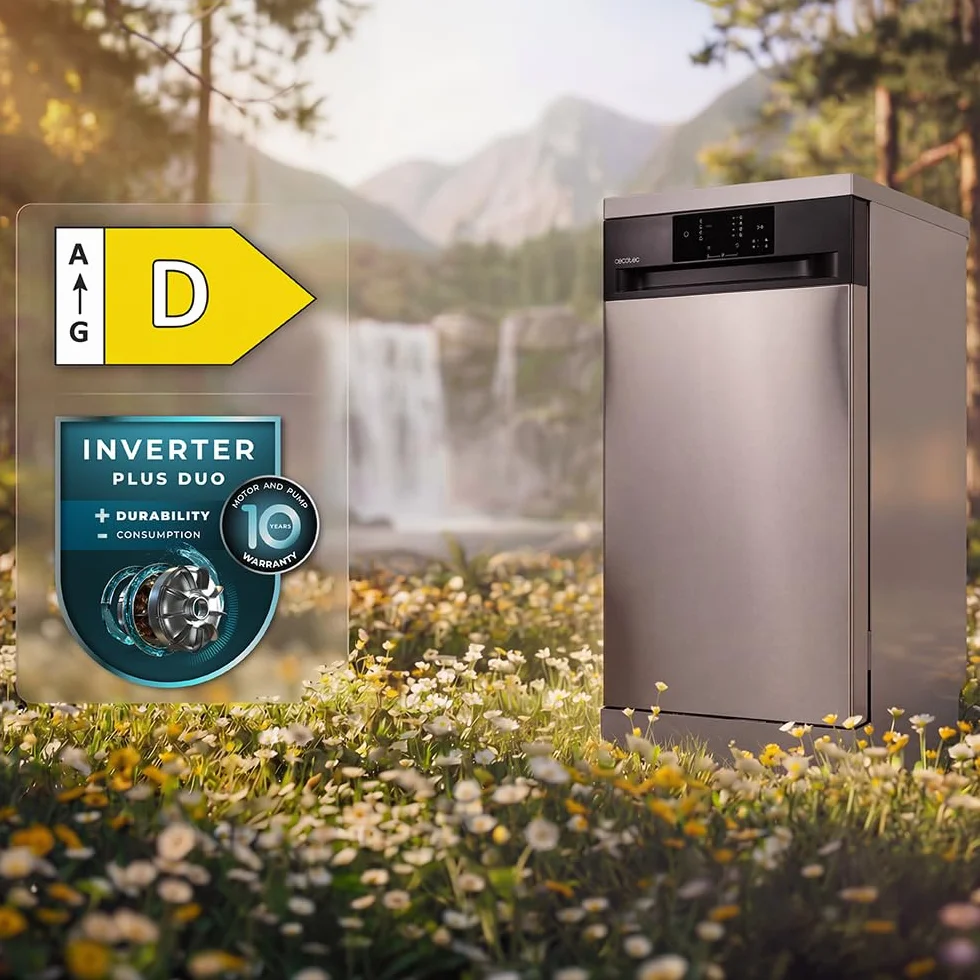 Cecotec Lavavajillas 45 cm Libre Instalación Bolero Aguazero 4350 Inox. 9 Cubiertos, 4 Programas, Motor Inverter Plus Duo, Panel Touch, Autoclean, Delay Start, Cesta para Cubiertos, Inox