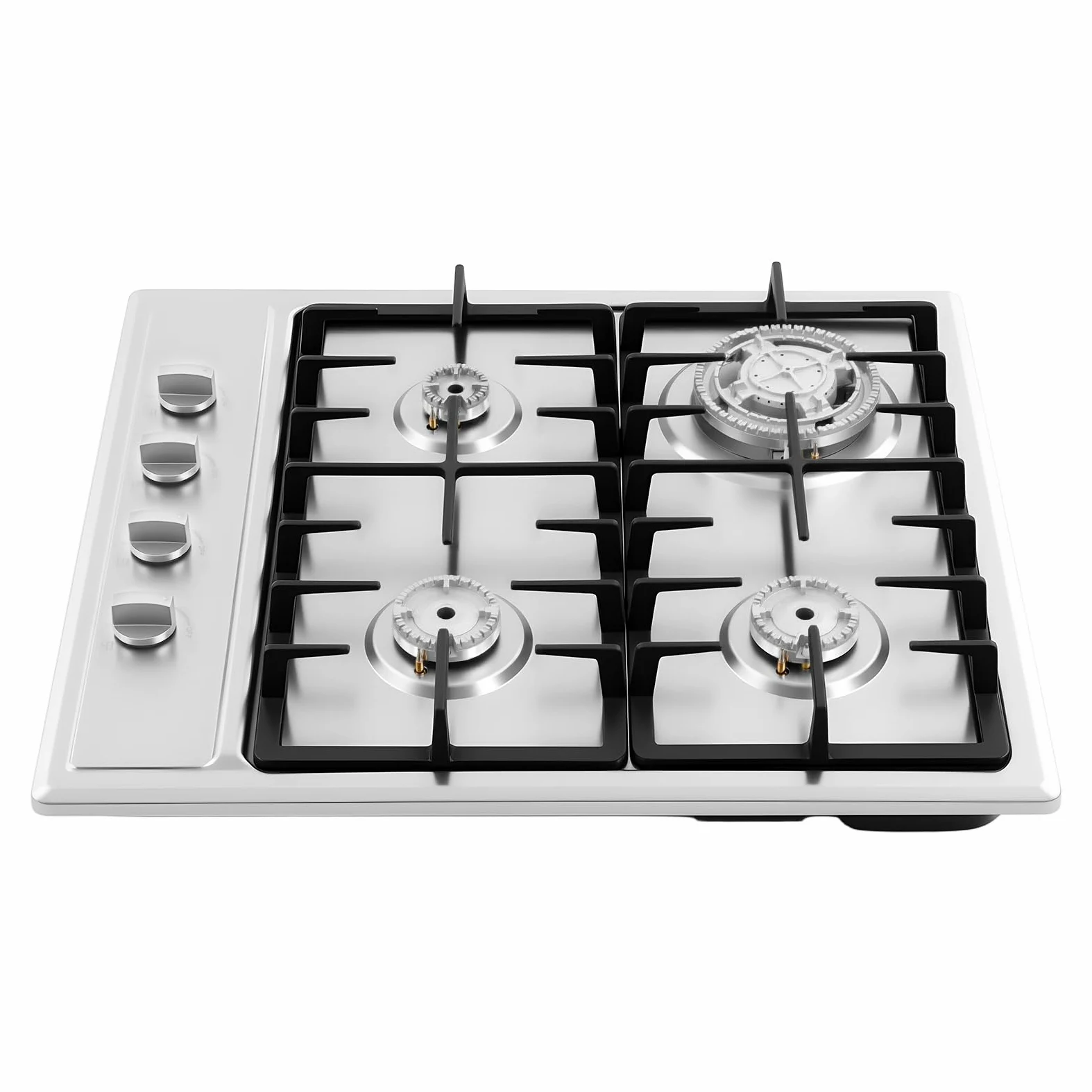 Cocina de gas de 4 fuegos de acero inoxidable 3,0 kW + 1,75 kW + 1,0 kW, placa de cocción integrada con soportes de hierro fundido, gas natural 59 x 51 cm, cocina de gas empotrable, cuatro quemadores