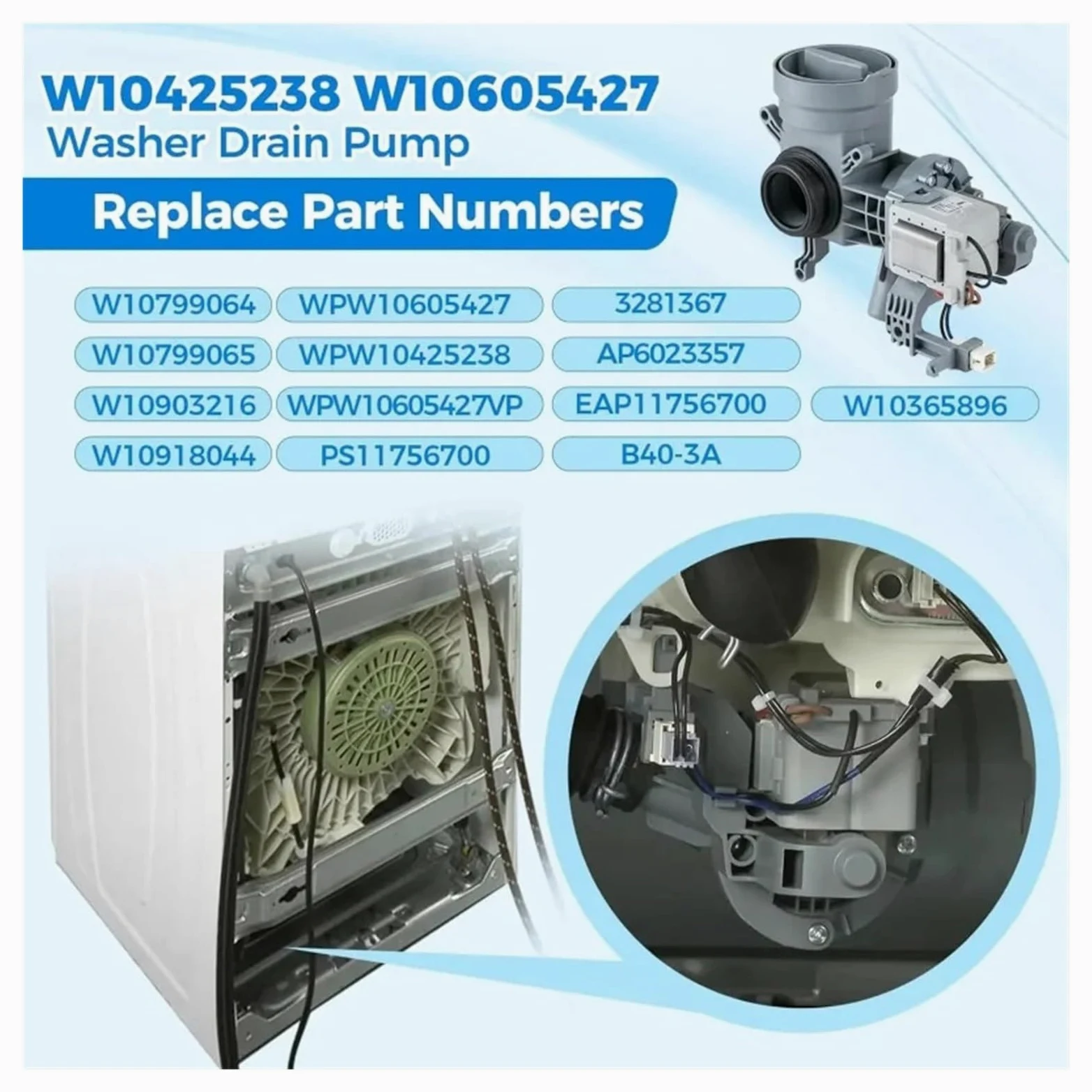 W10425238 Motor Bomba De Desagüe Lavadora 120V, Compatible Para Whirlpool | Conjunto Descarga Agua Eliminación Líquidos Salida Aparato Componente Succión Circulación Mecanismo Unidad
