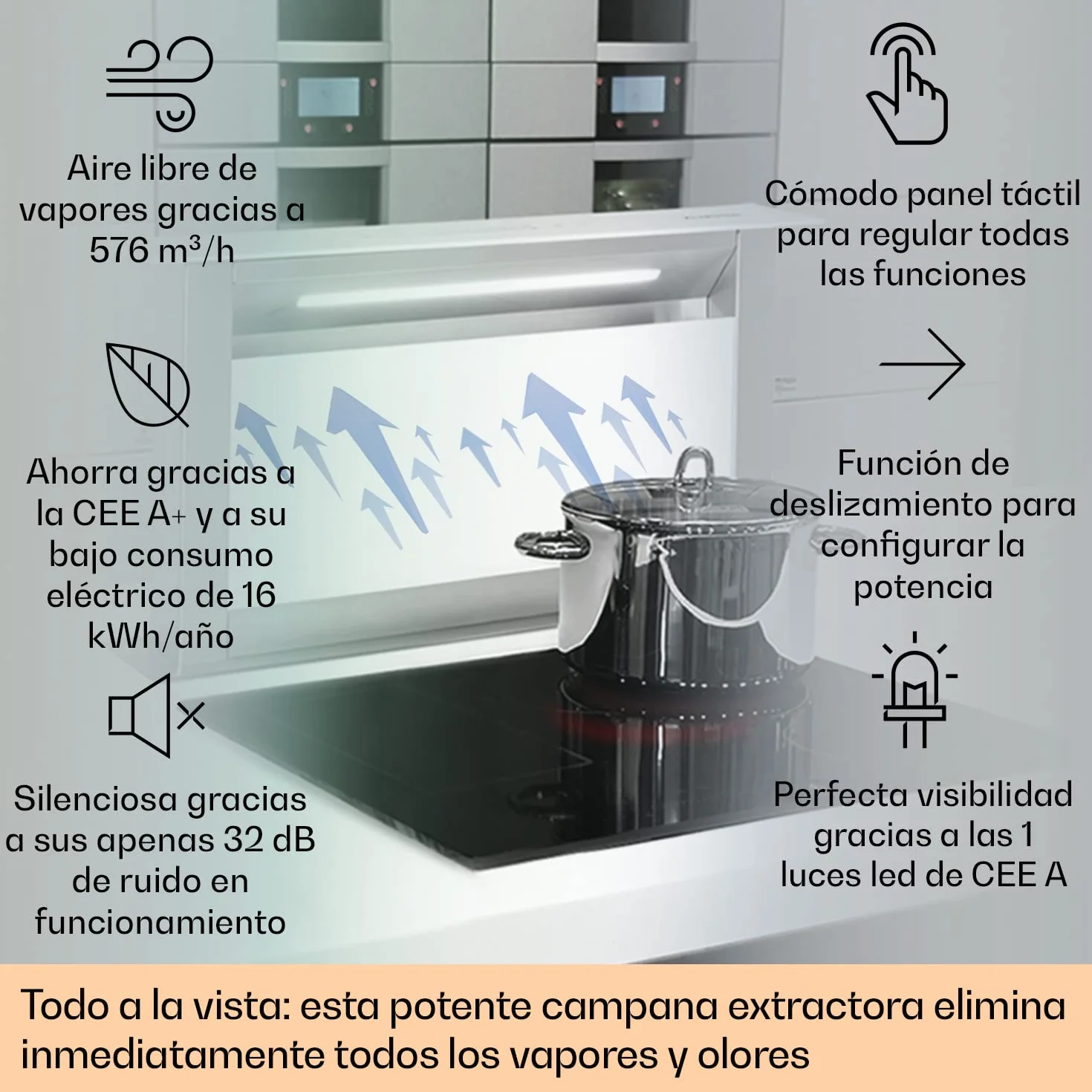 Klarstein Royal Flush Eco 60cm - Campana extractora retráctil, 576 m³/h, Touch-To-Slide, LED, eficiencia energética A++, acero inoxidable y cristal, recirculación/extracción de aire