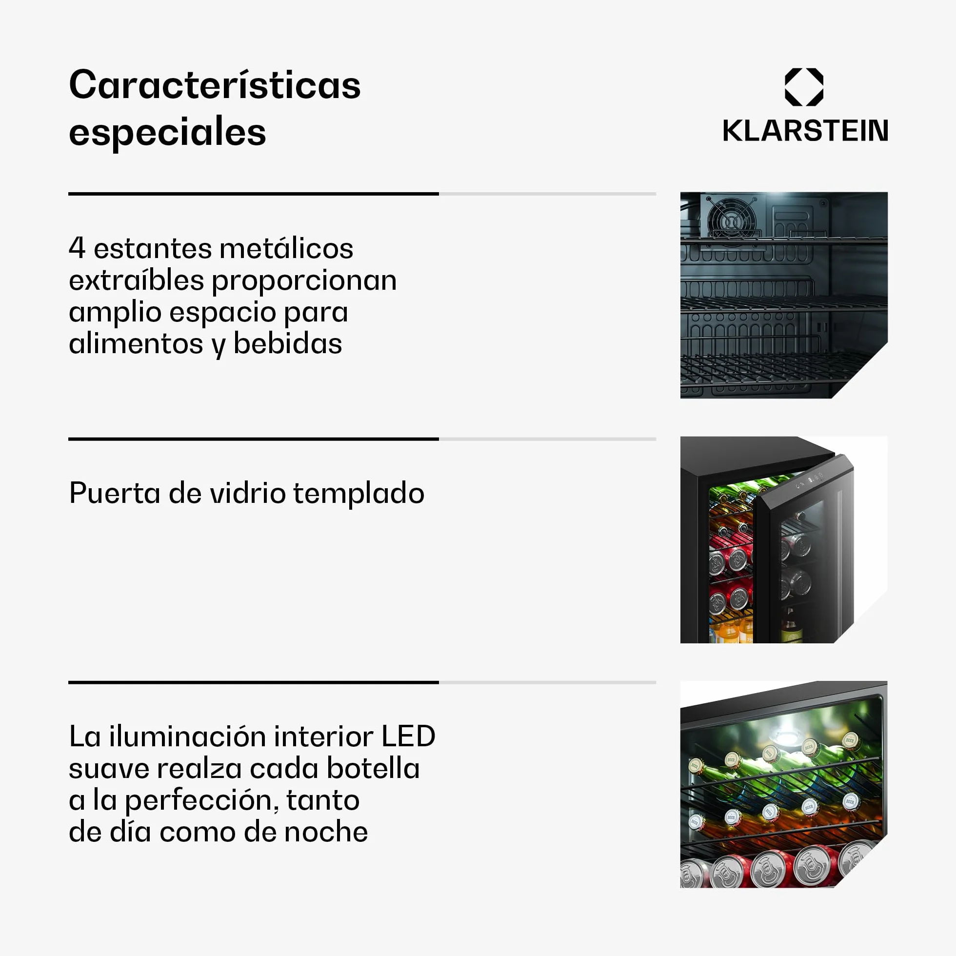 KLARSTEIN Nevera para bebidas Bevora 62 L – Nevera para bebidas con puerta de cristal, control táctil, iluminación LED, temperatura ajustable de 1 a 12 °C, 2 estantes