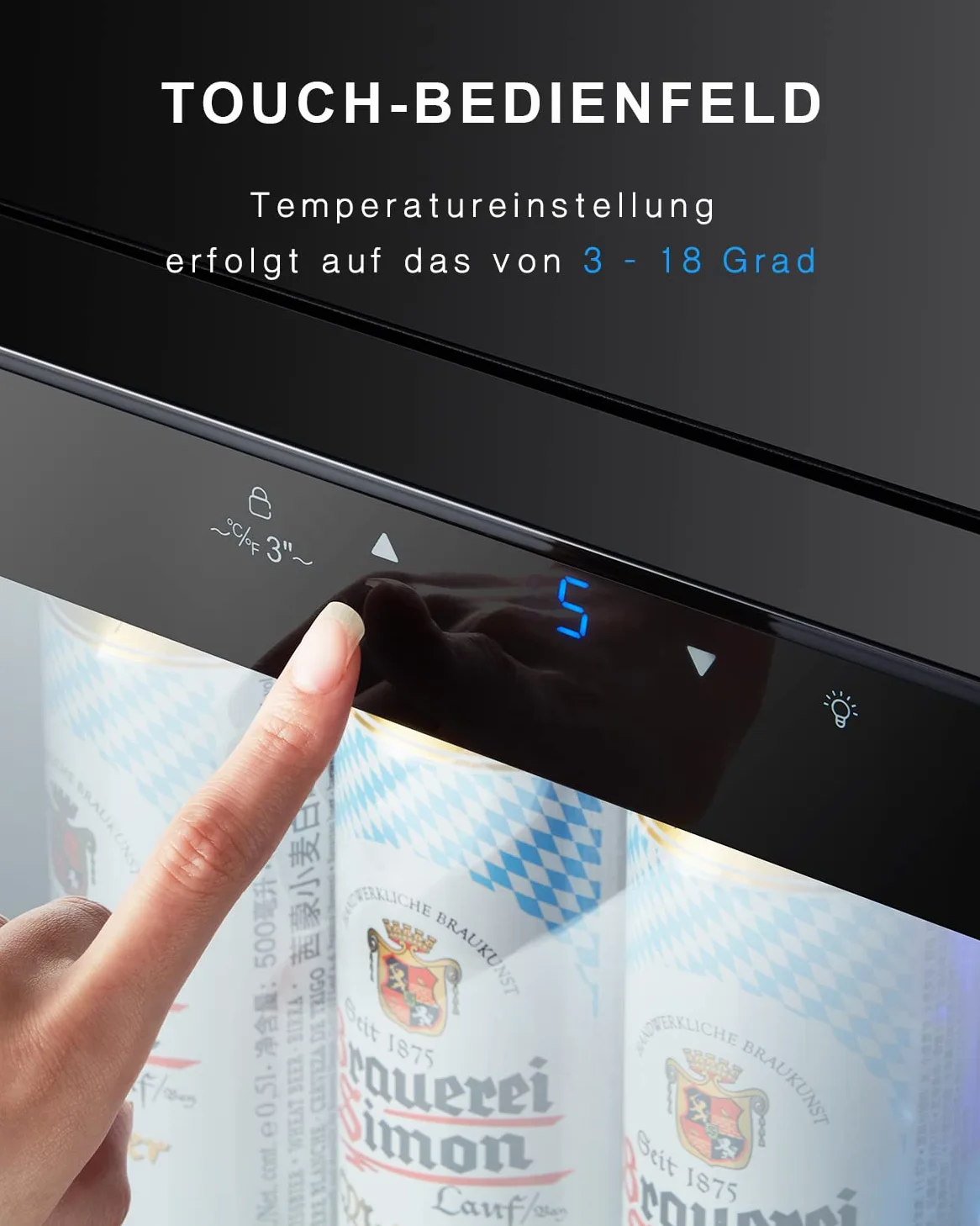 Kalamera KRC-68GE Refrigerador para bebidas, nevera pequeña para botellas con panel de control táctil, zona de enfriamiento de 3-18 °C, nevera de cerveza, 68 litros, 38 dB, luz interior LED azul