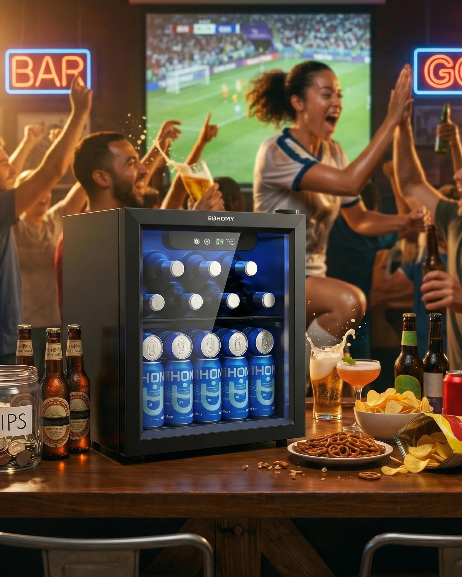 EUHOMY Frigorífico para Bebidas, Mini Frigorifico con Puerta de Cristal, Nevera Pequeña, Refrigerador de Sobremesa para 55 Latas, Mini Fridge para Oficina, 36 Litros, Mini Nevera de Bajo Ruido, Negro
