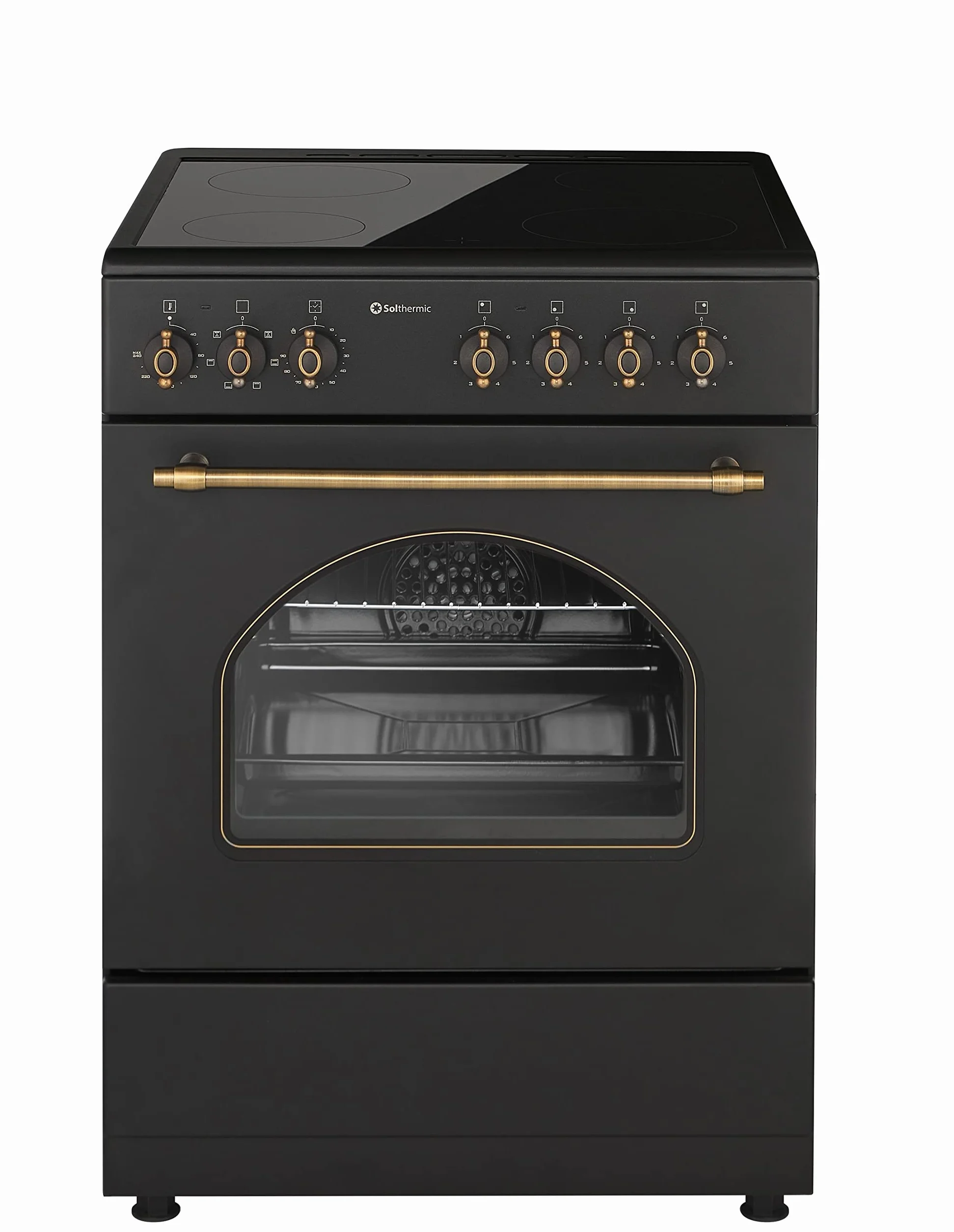 SOLTHERMIC COCINA ELECTRICA VTC60N VITROCERAMICA CON HORNO INCORPORADO/NEGRA RÚSTICA ACABADOS DORADOS/ANCHO 60 CMS / 4 FOCOS/HORNO 60 L. / FUNCION TURBO Y TEMPORIZADOR