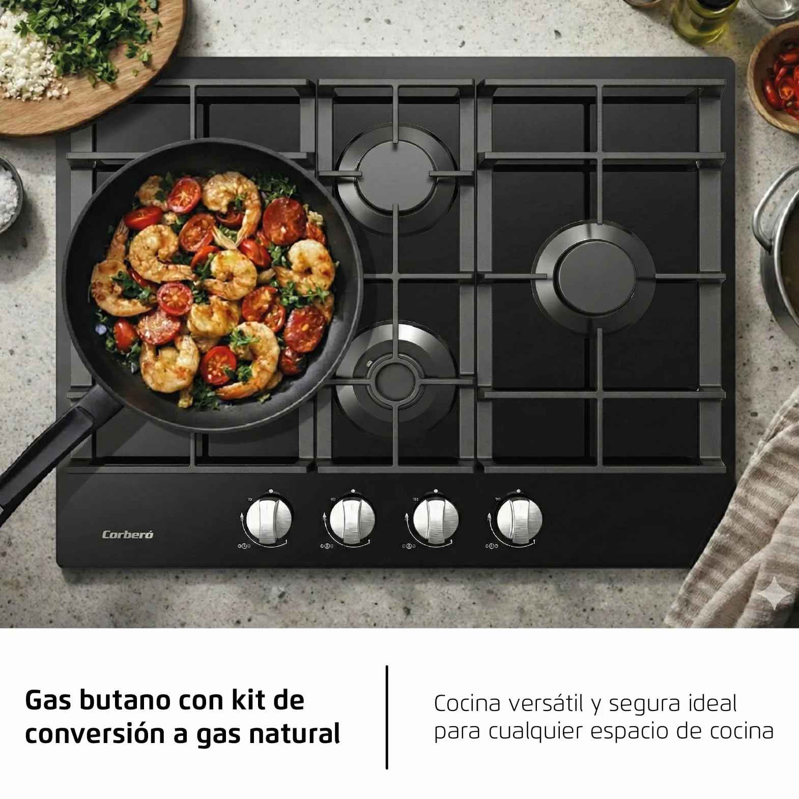 Corberó - Placa Gas Cristal LUX | CPCGM4F4126N | 4 Zonas | Potencia 8.05kW | Autoencendido | Zona WOK | Capa protección Clean + | Desconexión Automática | Cristal Negro