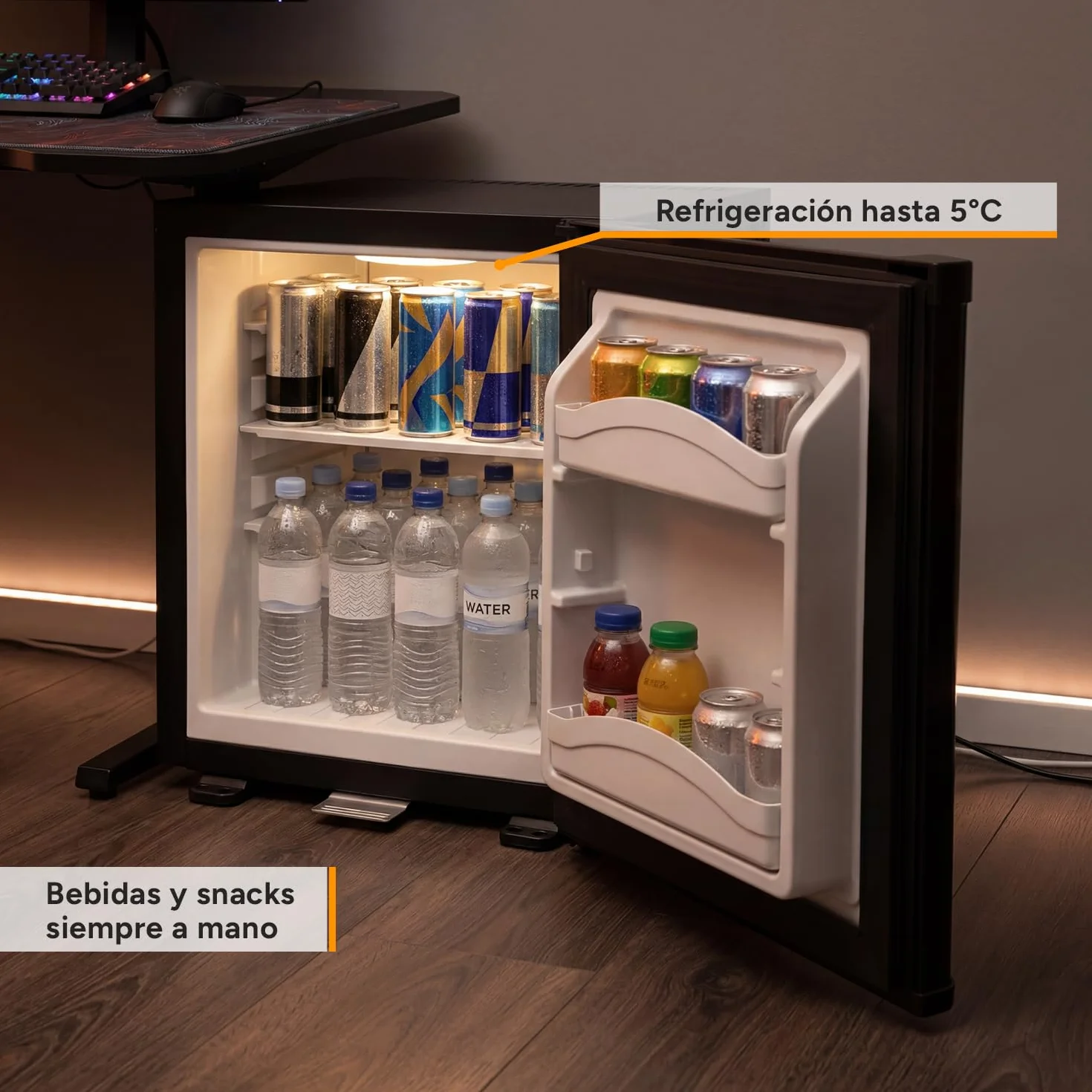TZS First Austria - Mini Frigorífico 30L completamente silencioso - Pequeño Minifrigo con puerta reversible y luz interior - Minibar para camping, oficina, dormitorio y hotel - Negro mate