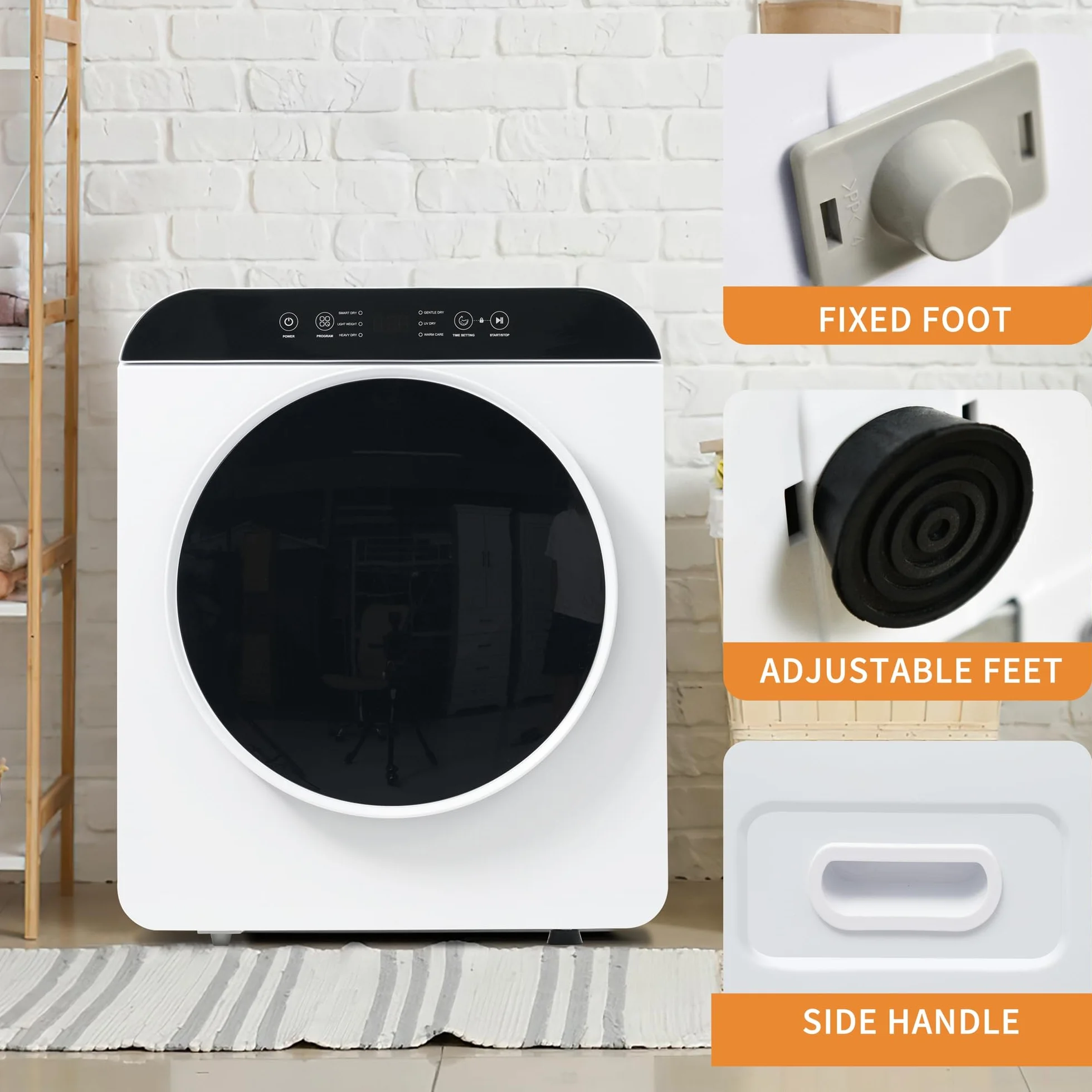 Secadora de Evacuación 4,5 kg con 6 Programas, Carga Frontal Secadora de Ropa 830 W, Montable en la Pared Secadora de Ropa con Tambor Inox, para Piso, Casa, Mobil Home, 59x49x43,5 cm, Blanco