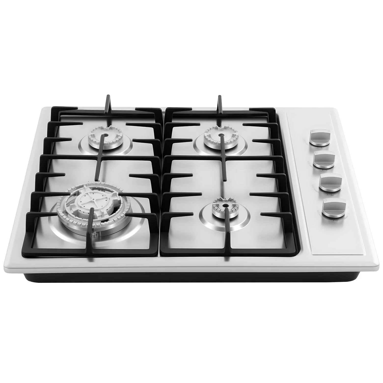 Cocina de gas de 4 fuegos de acero inoxidable 3,0 kW + 1,75 kW + 1,0 kW, placa de cocción integrada con soportes de hierro fundido, gas natural 59 x 51 cm, cocina de gas empotrable, cuatro quemadores