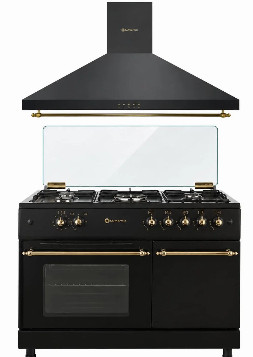 PACK COCINA A GAS F9LT50G2 PORTABOMBONA NEGRA RÚSTICA + CAMPANA DECORATIVA NEGRA RÚSTICA/ANCHO 90 CM/FUEGOS CON ENCENDIDO AUTOMATICO/HORNO 64 L.
