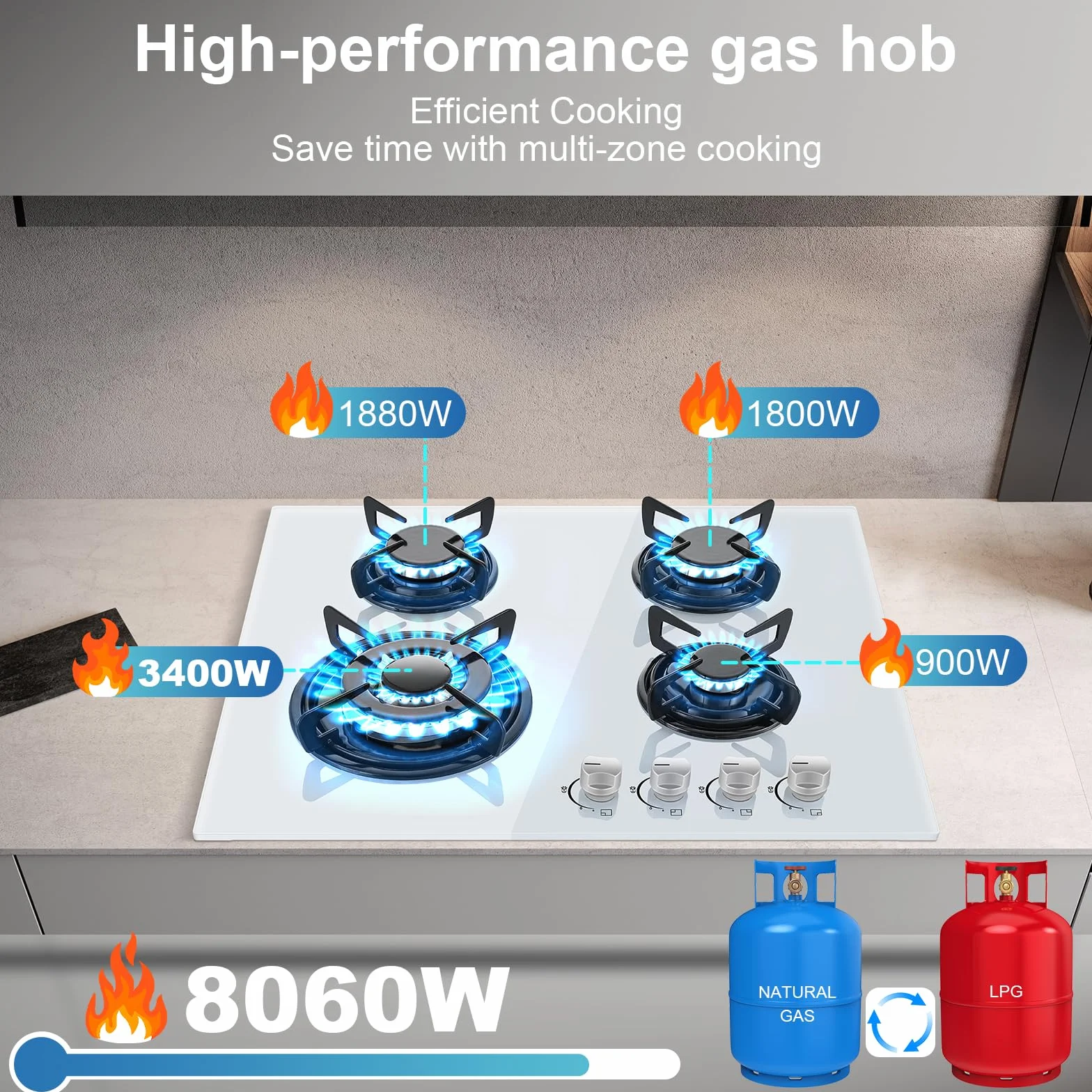 TopStrong - Placa de cocina con 4 fuegos de gas, de cristal, empotrable, color blanco, con protección Flame-Out, gas natural/propano, 8060 W, 220-240 V
