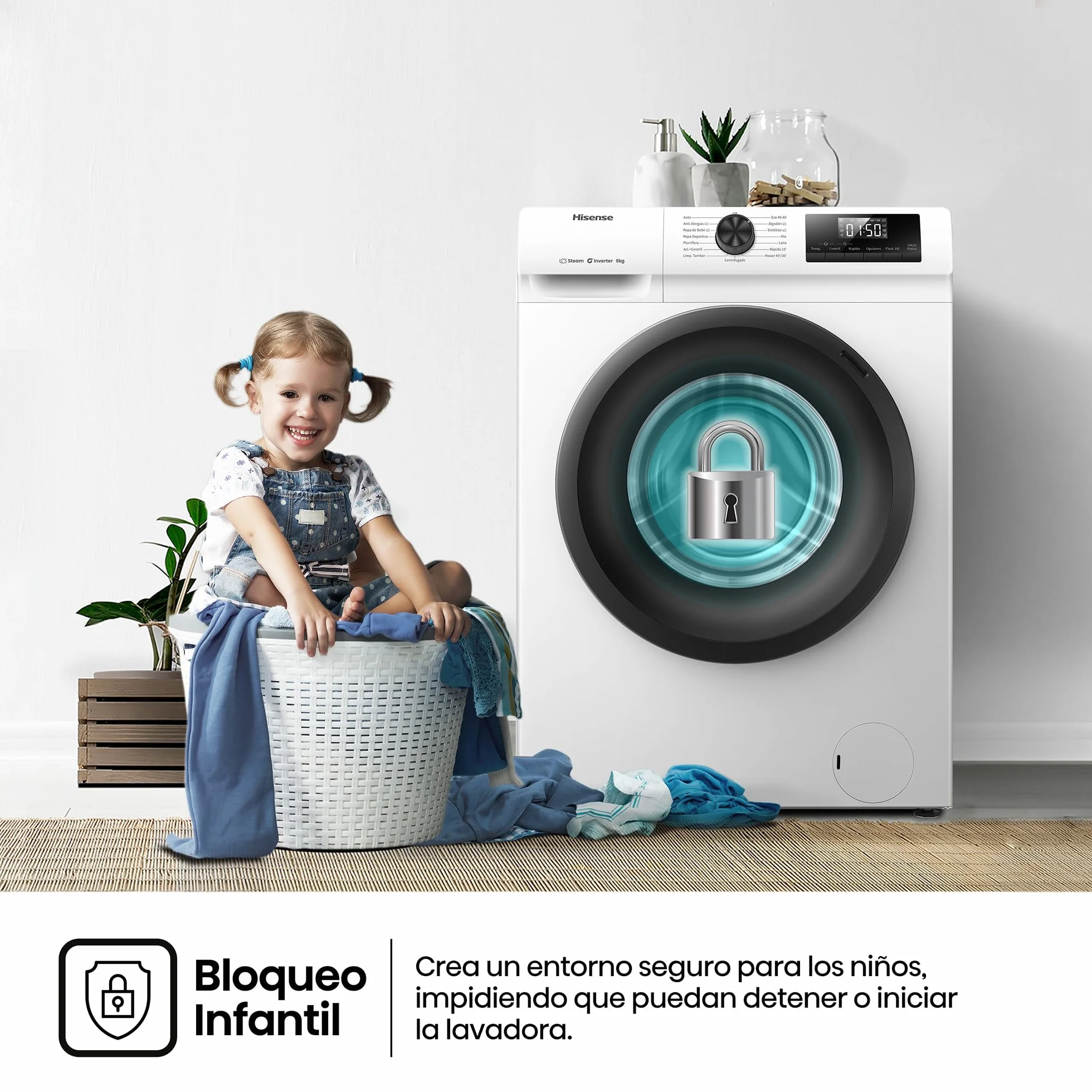 Hisense Lavadora 8 Kg 1400 rpm Clase A 85x60 cm Blanco Vapor 99,9% Inverter