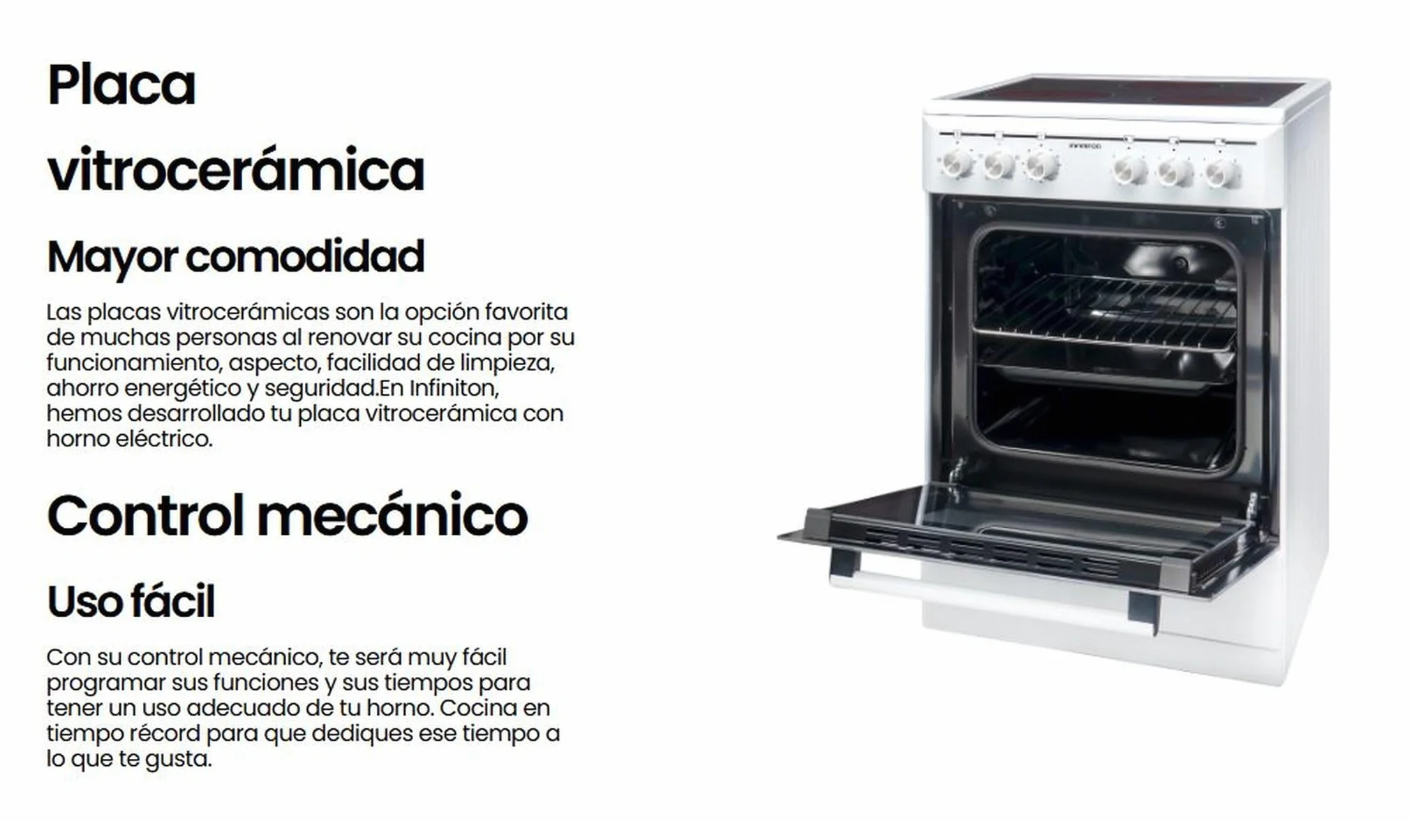 COCINA ELECTRICA CON HORNO CC-V350G INFINITON (Vitroceramica 3 Zonas + Horno Electrico, Ancho 50CM)