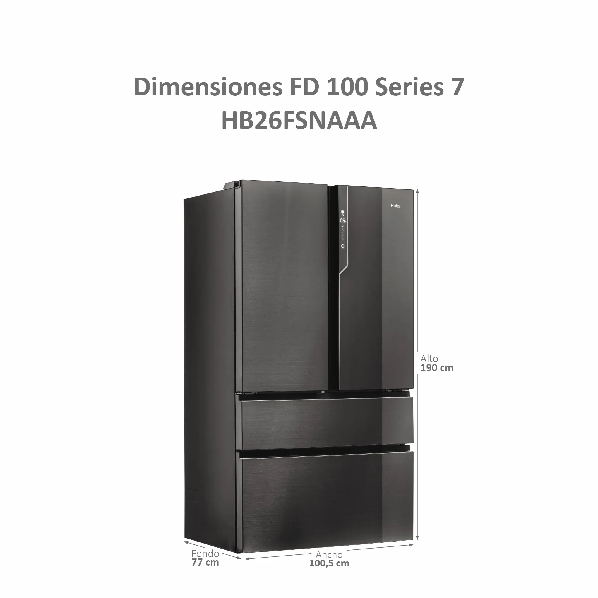 Haier FD 100 Series 7 HB26FSNAAA - Frigorífico, Puerta Francesa, Fabricación de Hielo Automática, Tecnología Antibacterias, Motor Inverter, Ancho 100cm, Capacidad XXL,Total No Frost, Titanium