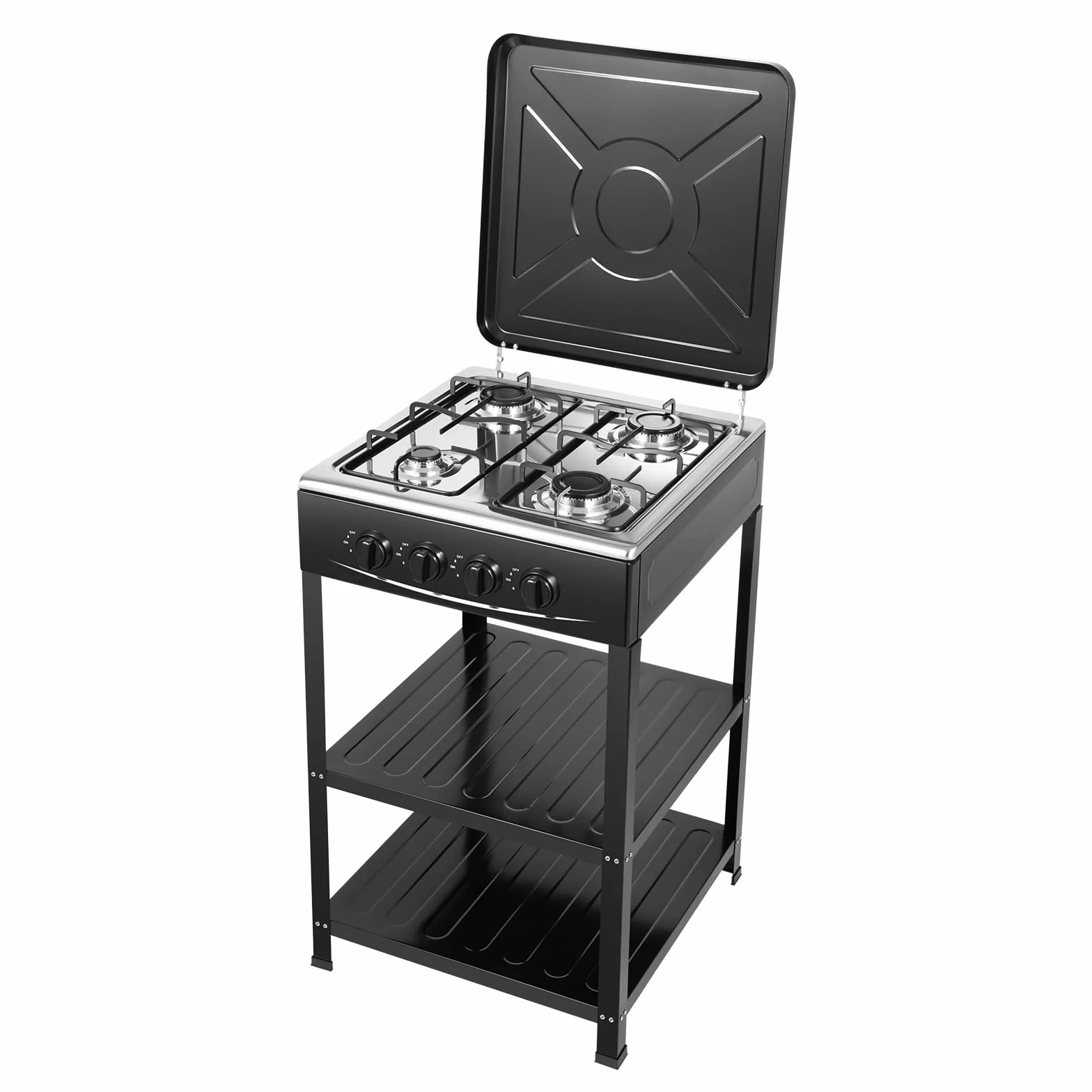 Cocina de gas independiente de 4 fuegos con estante, placa de gas para propano/gas natural, encendido manual, estufa de gas para camping, exterior, autocaravana, color negro, 49 x 49 x 79 cm