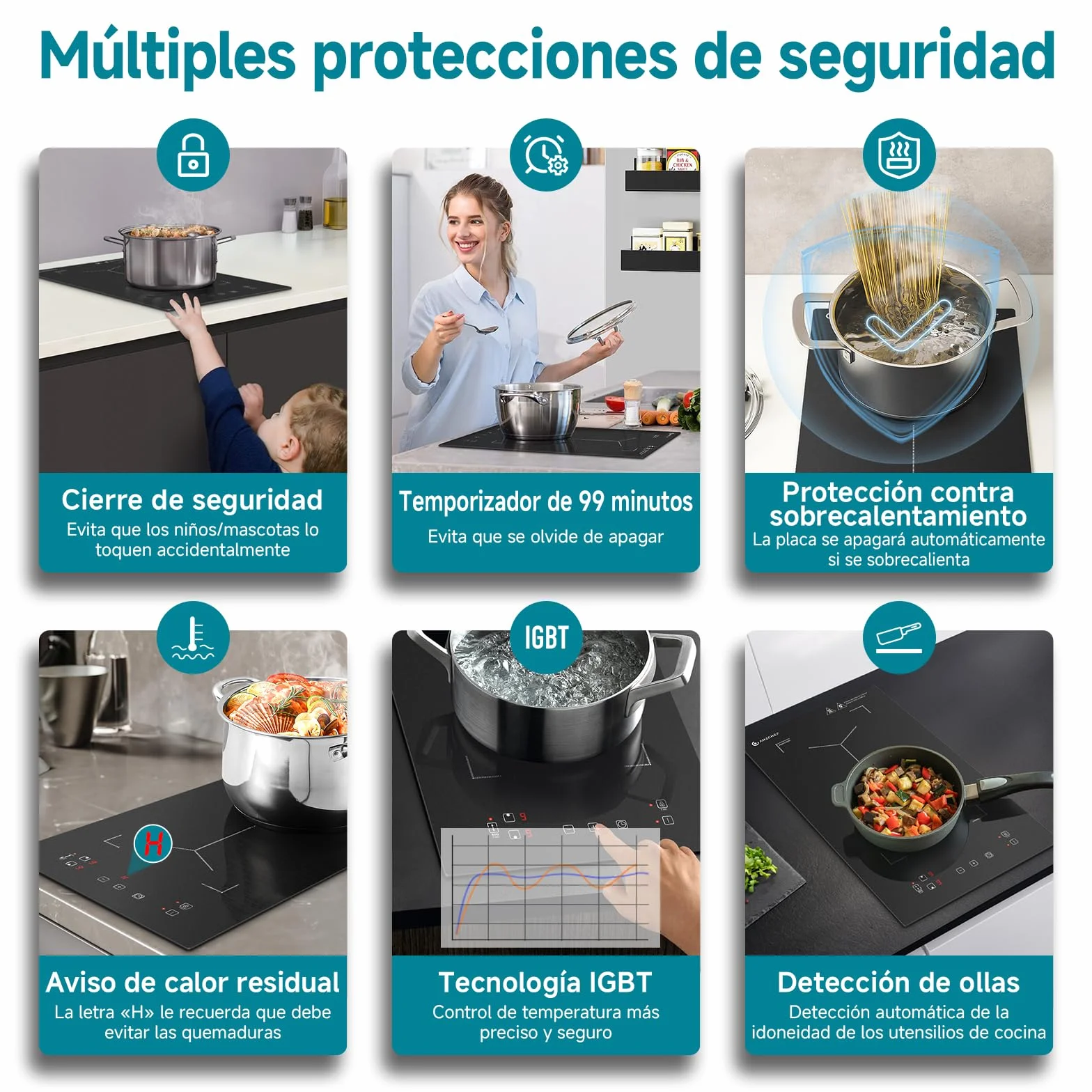 Placa de inducción con zonas flexibles, AMZCHEF placa induccion doble con 9 niveles de potencia, calentamiento intermitente, panel de control de moda, cerradura de seguridad, 3300W, negro