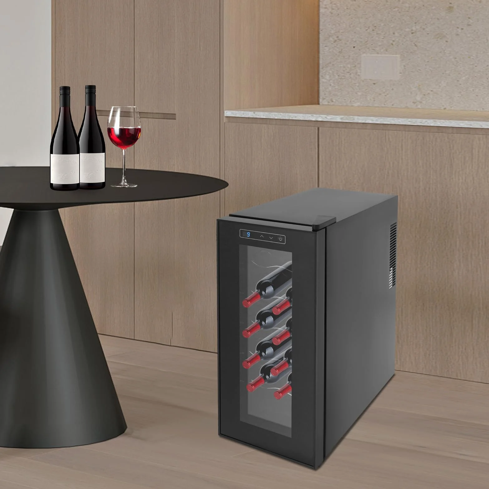 12 botellas de vino, gabinete climatizado, pantalla LED y panel táctil intuitivo, hay cinco estantes, familia, oficina, hotel, bar, club, rango de refrigeración del 55 % al 75 %