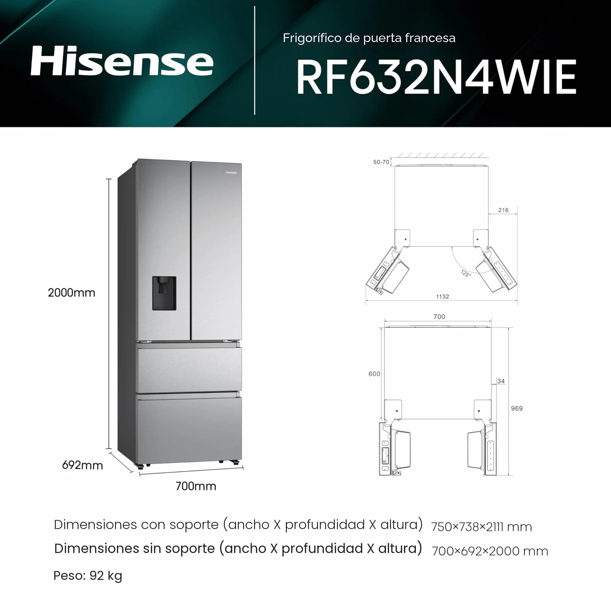 Hisense RF632N4WIE - Frigorífico Combi No Frost Inox Puerta Francesa, Con dispensador, No Frost, 2 Metros,Cajón, 337Litros, Sistema de flujo de aire, Acabado Inox, 485 litros