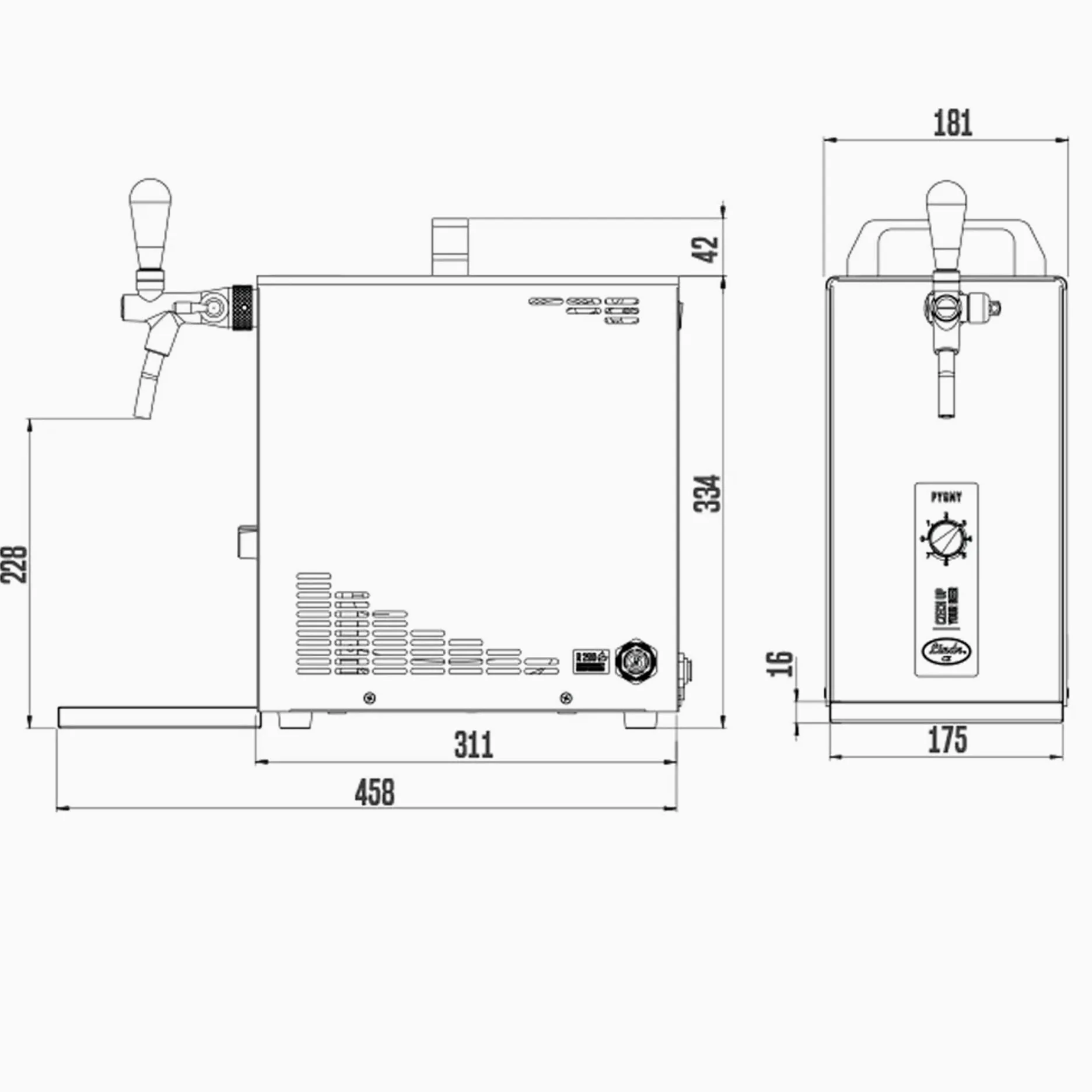 Juego de todo cabezal de tirador de cerveza bajo mostrador con enfriador en seco Pygmy 25 LE, 30 l/h, columna de tirador Green Line, incluye cabezales de grifo