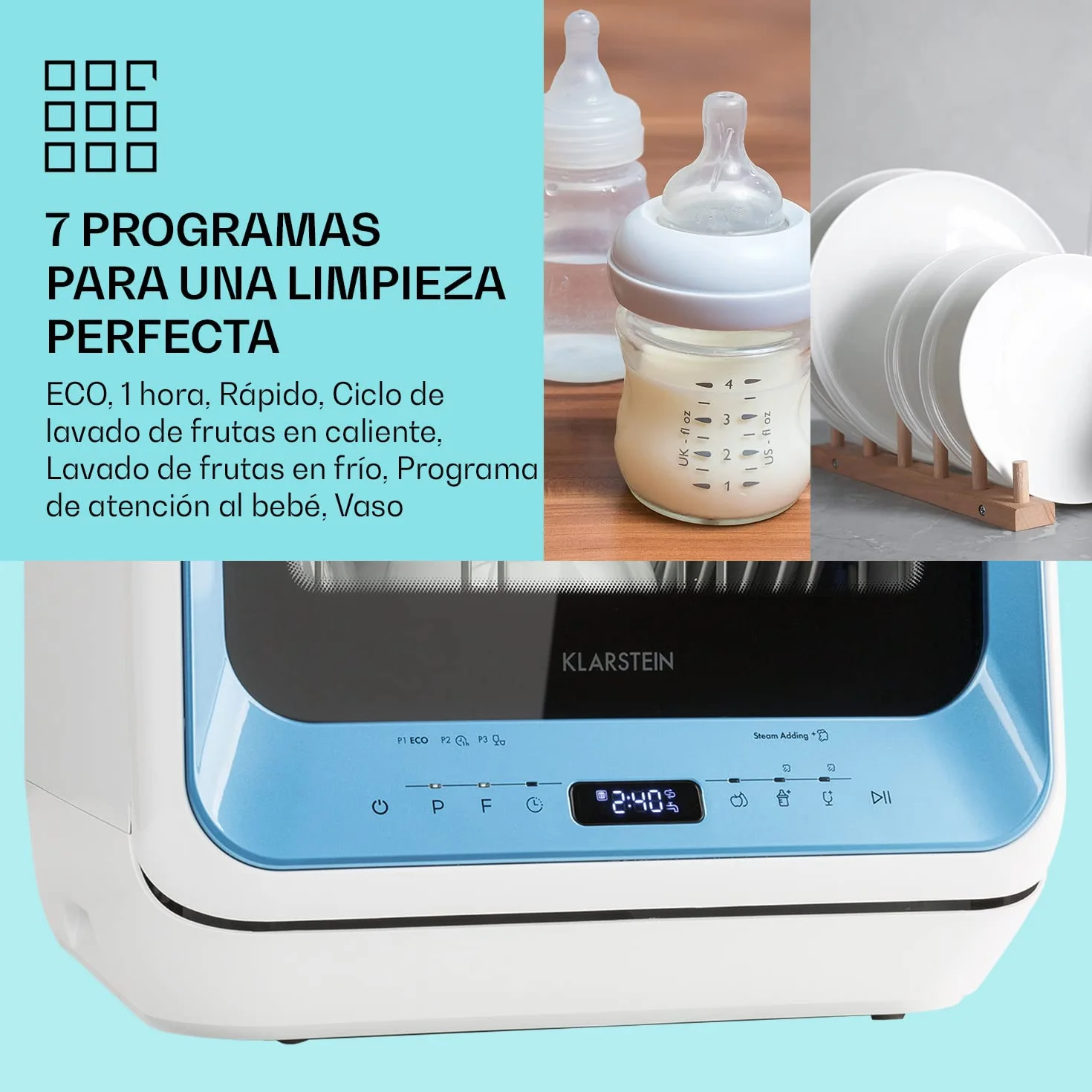 Klarstein Amazonia Mini Lavavajillas – Compacto, 7 Programas, 5L Depósito o Conexión Directa, Silencioso 58dB, Clase energética D, Pantalla Digital, Lavavajillas Portátil para Cocina Pequeña, Azul