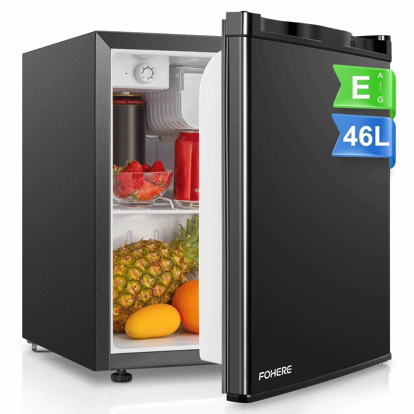 FOHERE Mini Frigorífico Bar 46L, Nevera Pequeña Silencioso, Control de Temperatura Regulable, Mono Puerta, Puerta Reversible, Bajo Consumo para Aplicaciones en Hotel, Hogar, Oficina, Negro