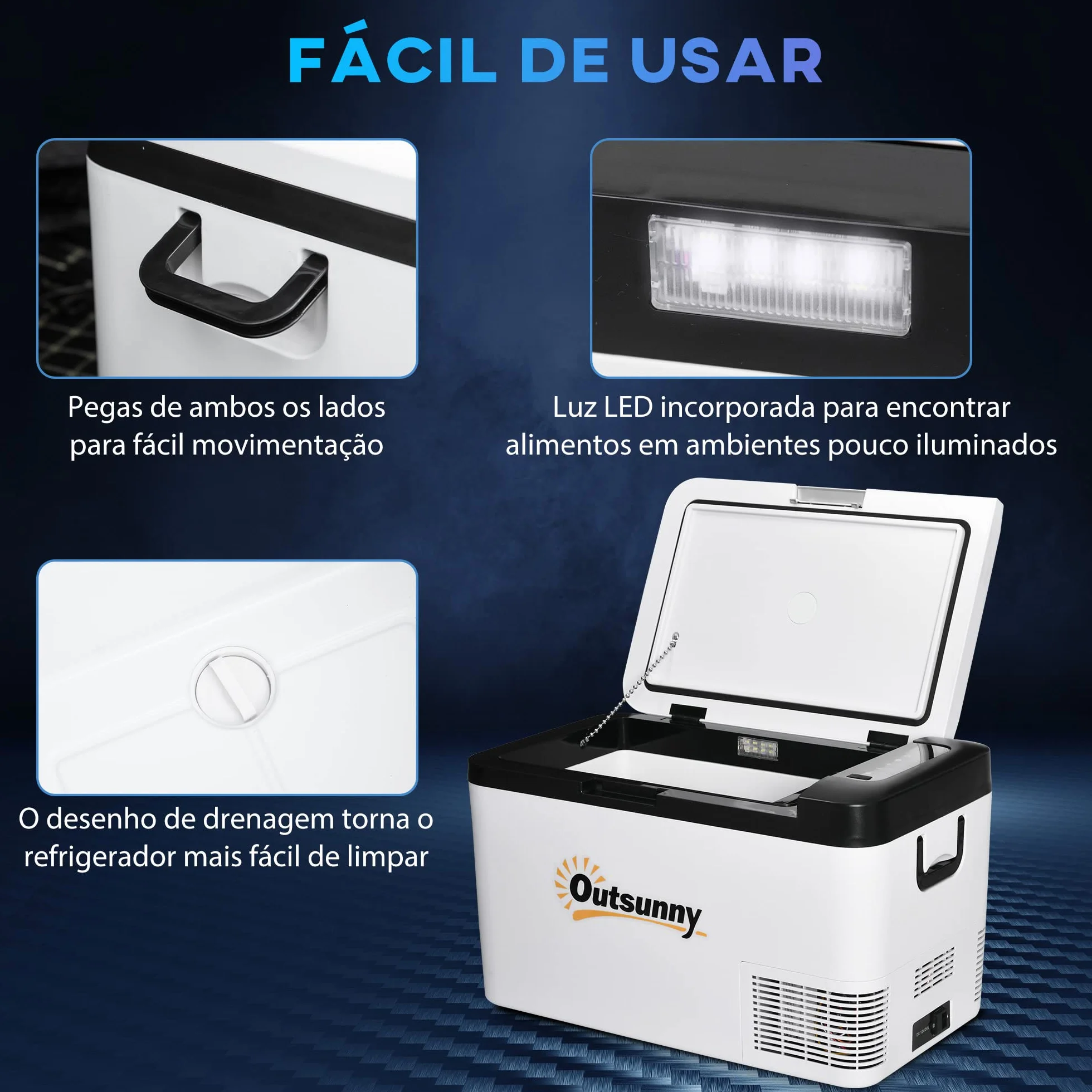 Outsunny Nevera Portátil Eléctrica 25L 12/24V hasta -20℃ Nevera y Congelador de Compresor para Coche con Luz LED y Asas Plegables Bajo Consumo Energético para Hogar Camping 58,5x33,5x35,2 cm Blanco