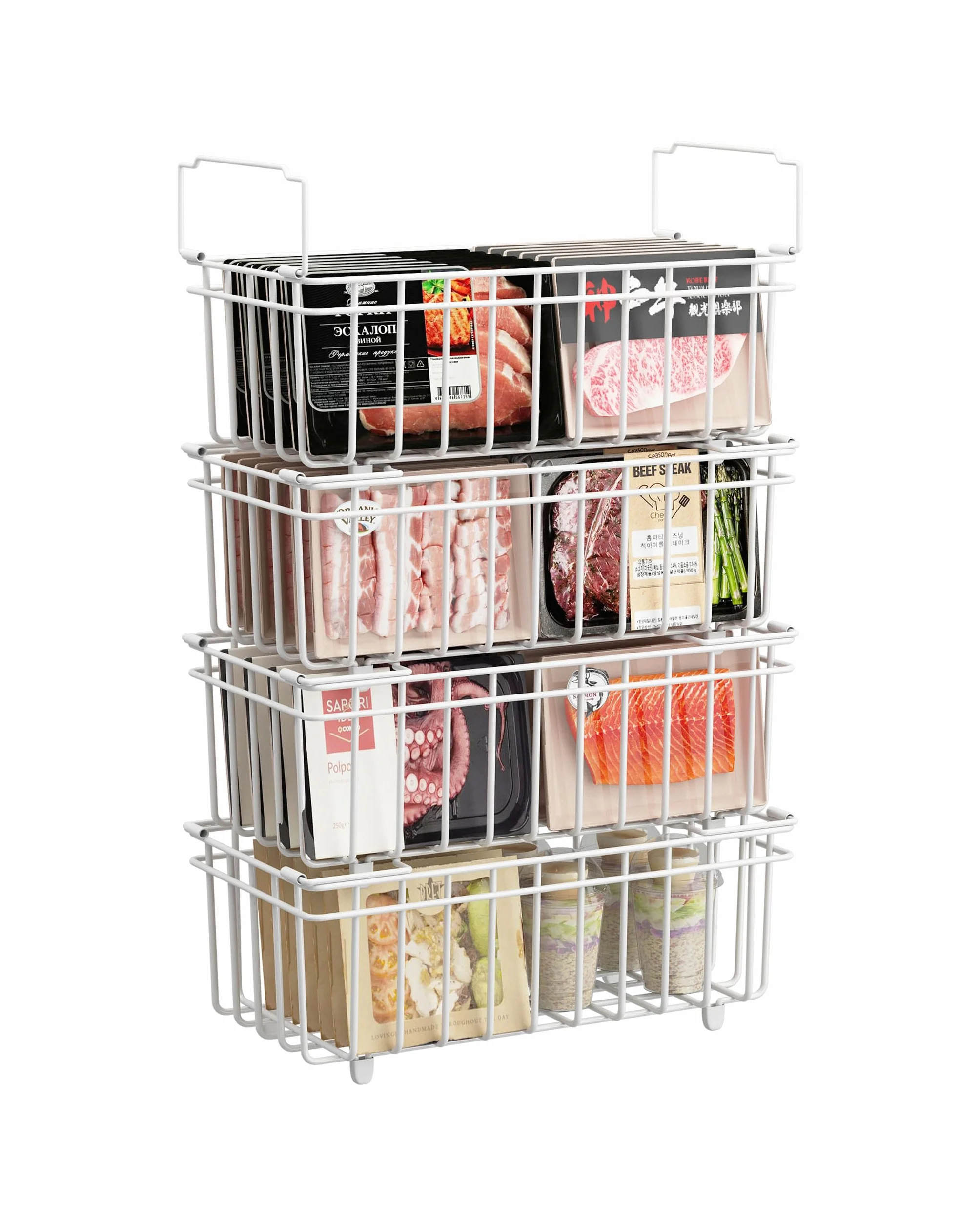 UMDONX Cesta para Congelador de 4 piezas blanco - Cestas apilables para congelador con asa, fácil acceso, para congelador de 198L, organizar ingredientes congelados (37x18x15cm)
