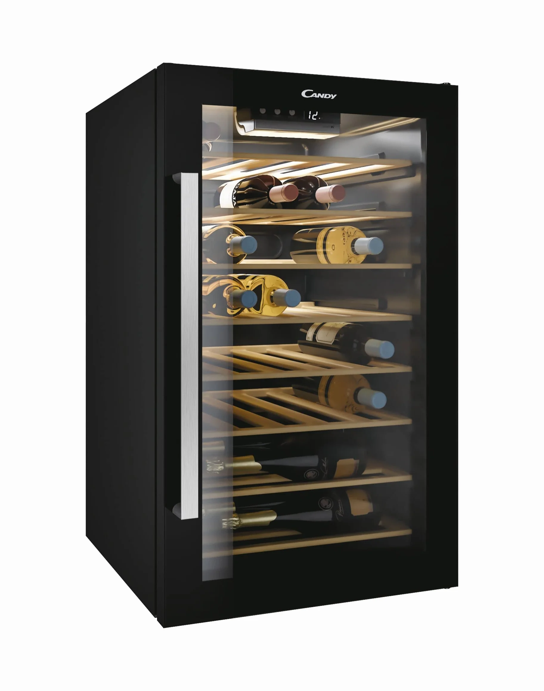 Candy CWC 154 EEL/N, Vinoteca, Capacidad 41 botellas, Wi-Fi, Luces LED, Baldas madera, Tratamiento anti uv, Puerta doble cristal reversible, 39dba, Clase A, Negro, 41 botellas plus Wi-Fi