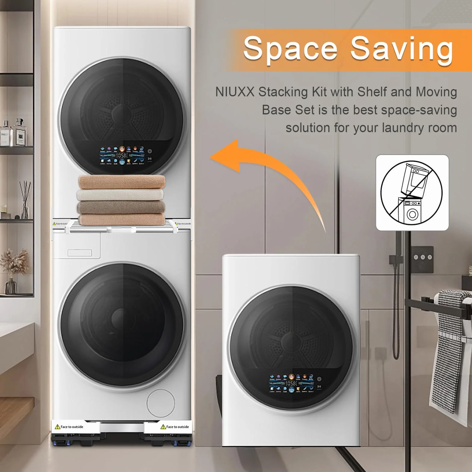 NIUXX Juego de apilado universal y base móvil para secadora y lavadora, ajustable en tamaño con cuerda de trinquete y rejillas de secado extraíbles para lavadoras y secadoras para ahorrar espacio