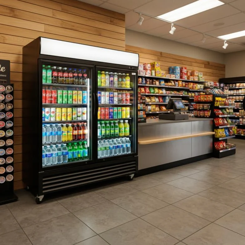 Armario para bebidas genérico 2 puertas acristaladas - 880L - Temperatura 2-8°C - Iluminación LED - Doble acristalamiento - Ruedas - Cierre automático - Canopy Luminoso Publicitario - Negro - 230V