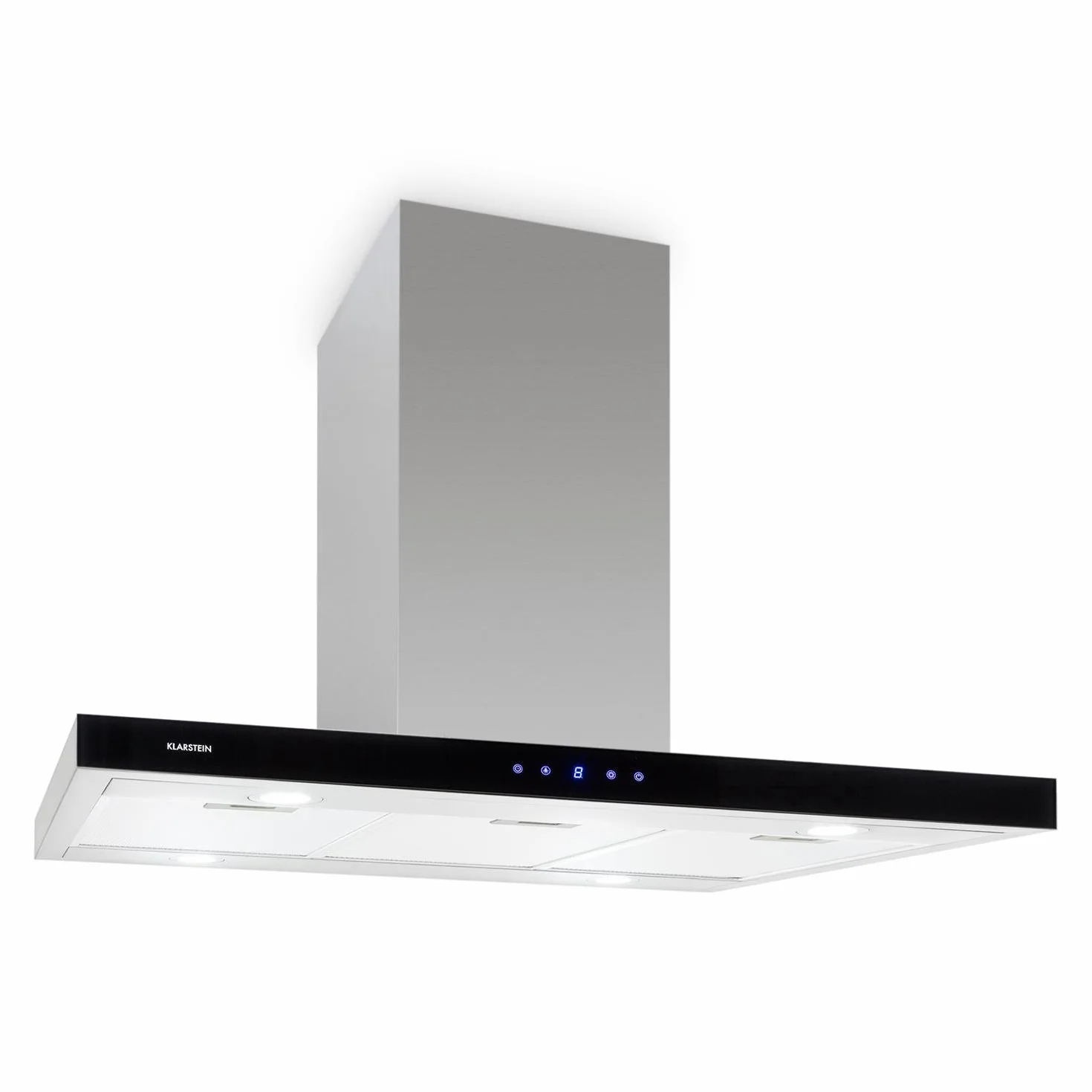 Klarstein Madonna - Campana extractora en isla, 90 cm Ancho, 3 potencias, Ventilación 500 m³/h, Filtro Antigrasa, Pantalla, Lámparas halógenas, Acero Inoxidable, Clase Energia C, Plateado