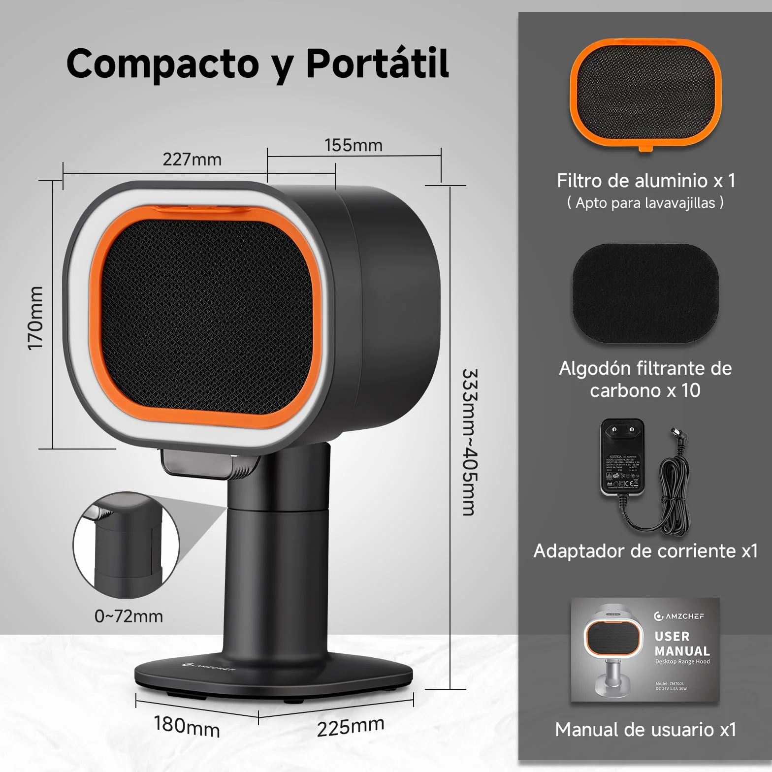 AMZCHEF Campana extractora portátil con altura telescópica e inclinación de 40°, 4 modos de velocidad, silenciosa, filtro de aluminio de gran calibre para apartamentos/BBQ/RV