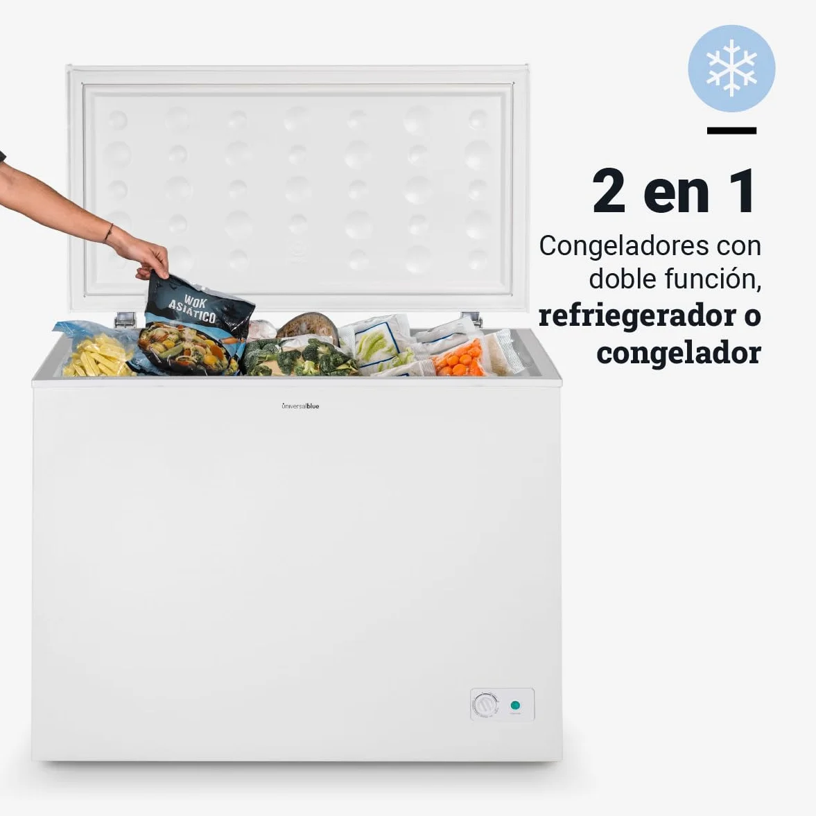 UNIVERSALBLUE Congelador Arcón Blanco 244L 2 en 1 Horizontal E 4* Control Mecánico
