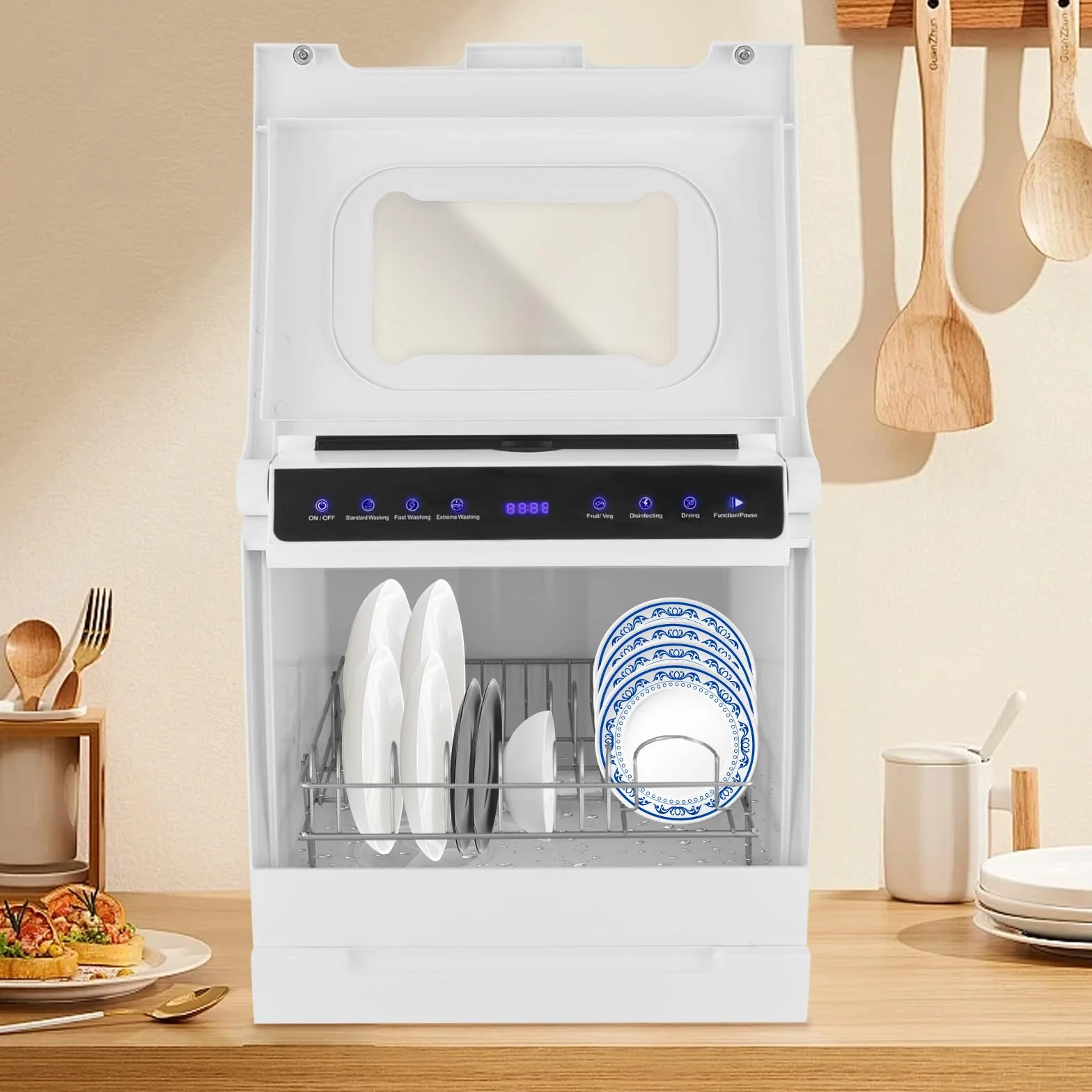 Lavavajillas portátil de encimera, lavavajillas de mesa con cuatro modos de lavado, lavado estándar, lavado rápido, lavado extremo y frutas y verduras,360° doble vaporización, mini