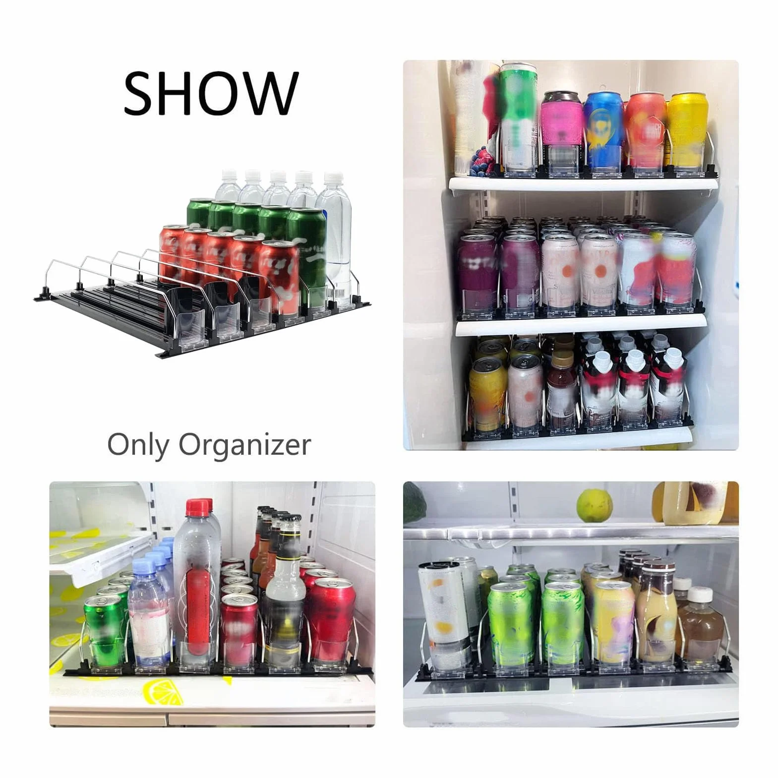 Fockety Organizador de Bebidas para frigorífico, Organizador de latas de refresco con Gran Capacidad de Carga y Anchura Ajustable, se Empuja Solo y es fácil de Usar (38cm)