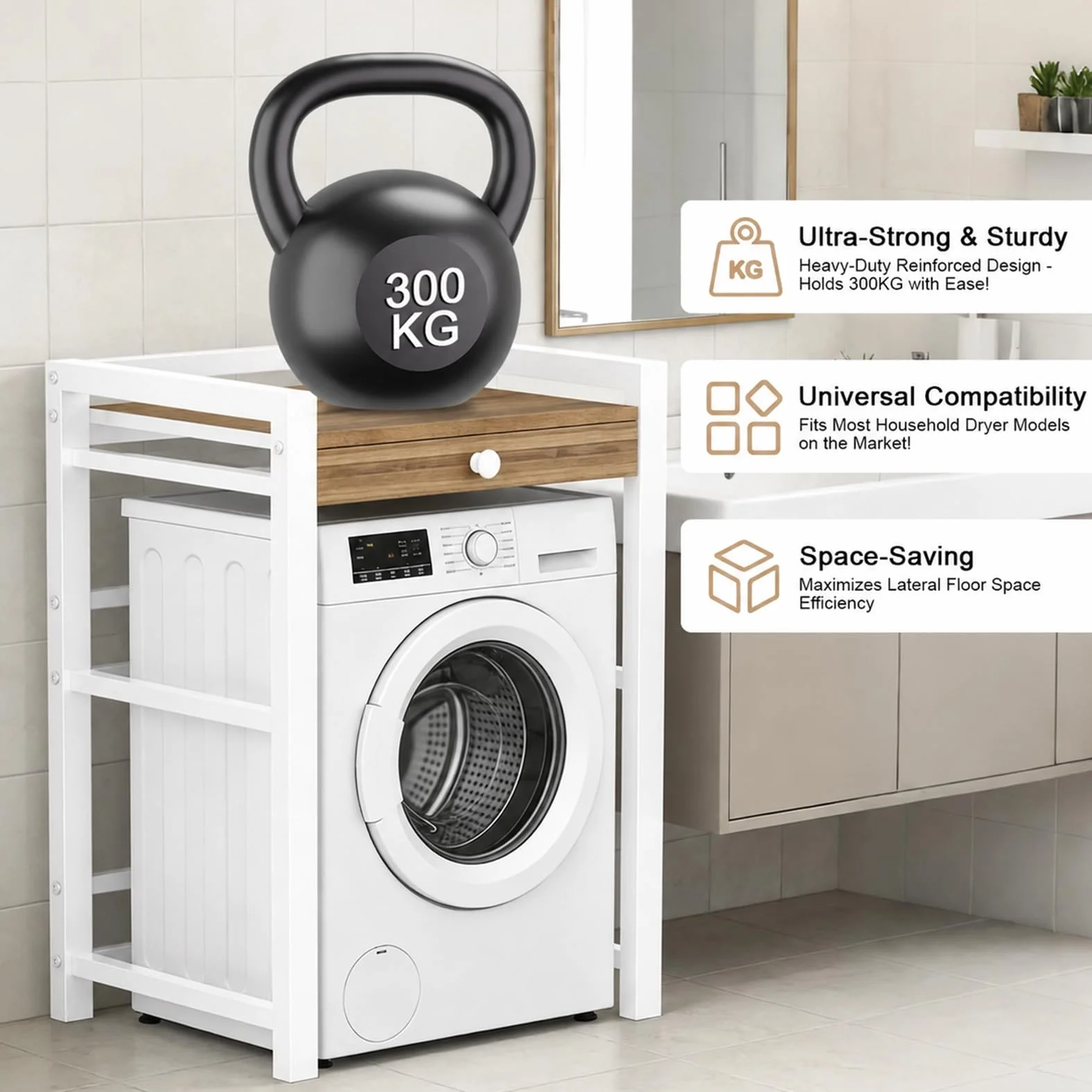 Estantería para lavadora, lavadora y secadora superpuestas, capacidad de carga de 300 kg, armario de lavadora para baño, cocina, balcón, lavandería (blanco con cajones)