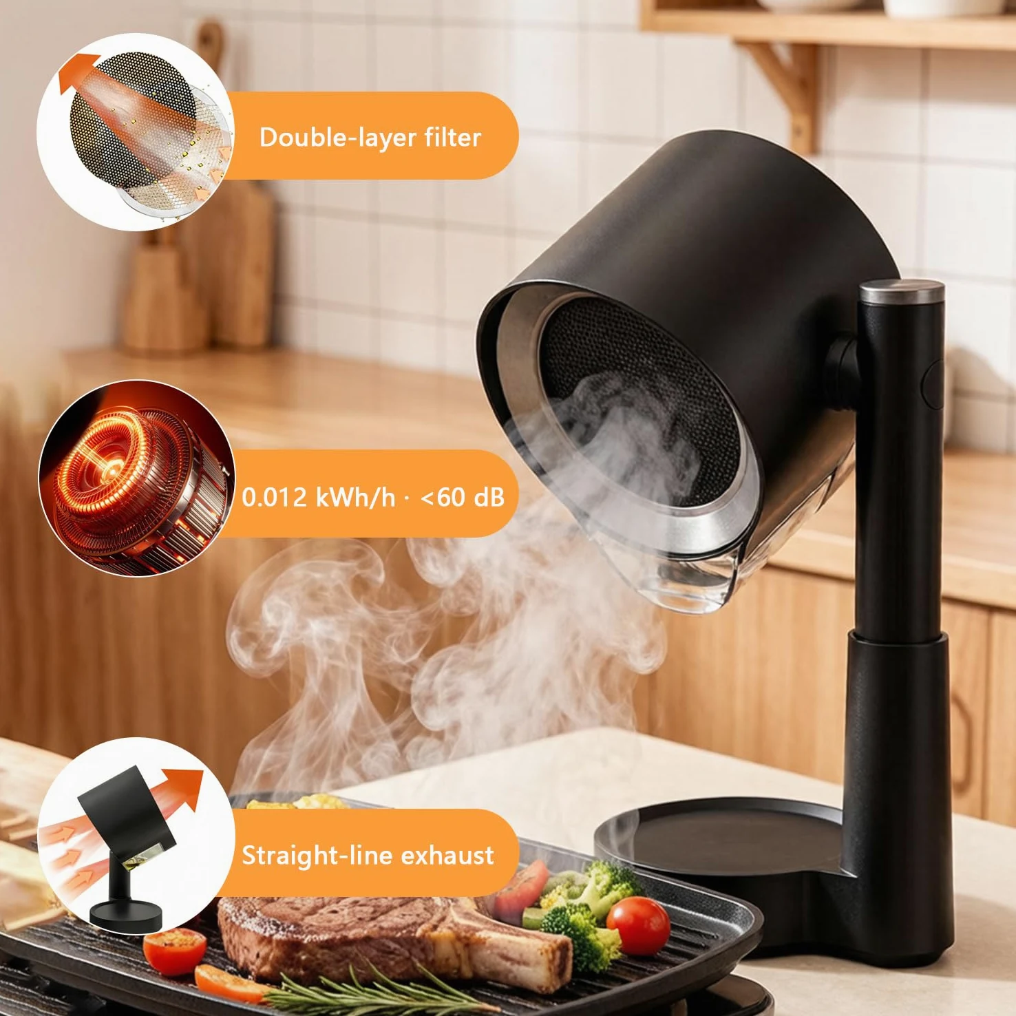 Campana extractora de mesa, campana extractora portátil con caja de recogida de aceite y filtro extraíble, altura y ángulo y 3 velocidades ajustables, 3600 rpm de velocidad máxima para camping