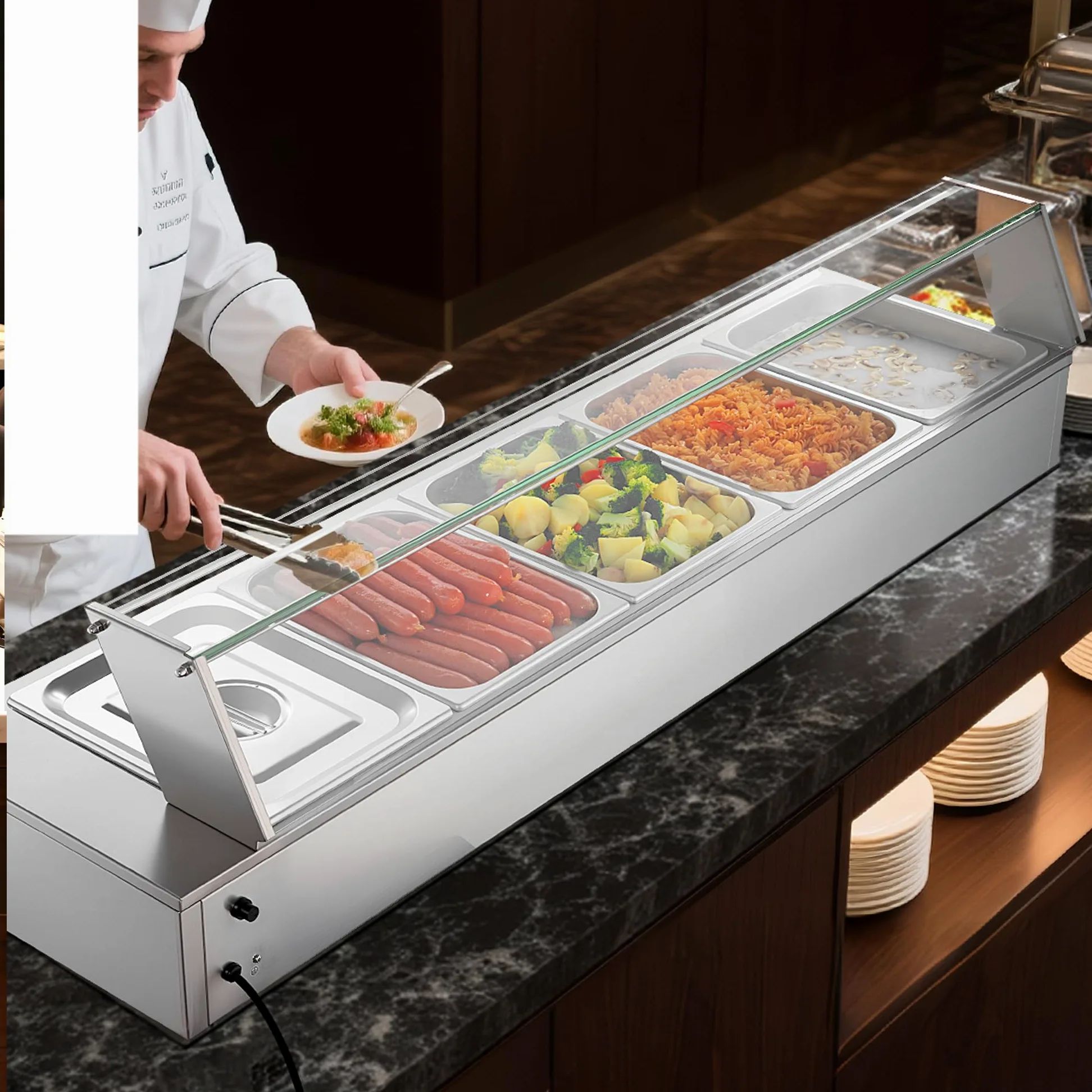 VEVOR Calentador de Alimentos Eléctrica, con Tapa de Vidrio y 5 Recipientes, 1,5 kW, de Acero Inoxidable, con Baño María, para Restaurantes, Fiestas y Bufés, 30-85 ℃, 1450 x 365 x 335 mm, Plata