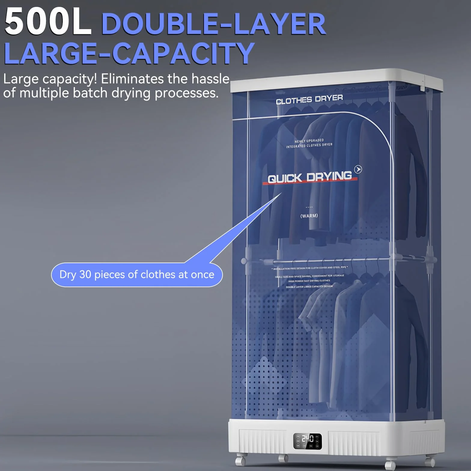 Secadora eléctrica con ruedas y estantes de dos niveles, 1300 W, plegable y sin instalación, armario secador con capacidad para 500 l, temporizador de 4 horas y mando a distancia, enchufe UE