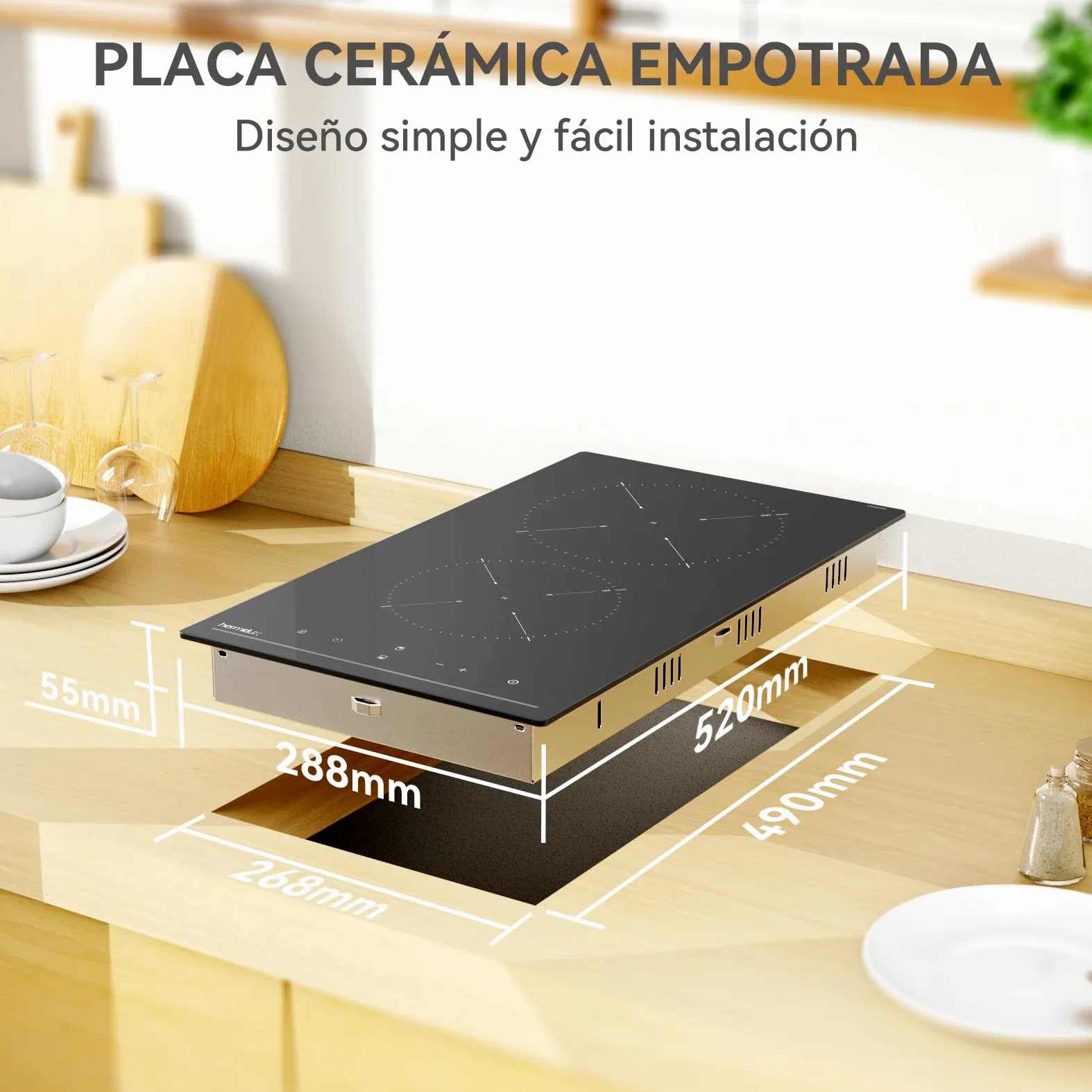 Hermitlux placa vitrocerámica 2 fuegos Compatible con Todos Utensilios | 3300W,30CM 9 niveles de potencia, control táctil, temporizador, seguro para niños, apta para todo tipo de sartenes