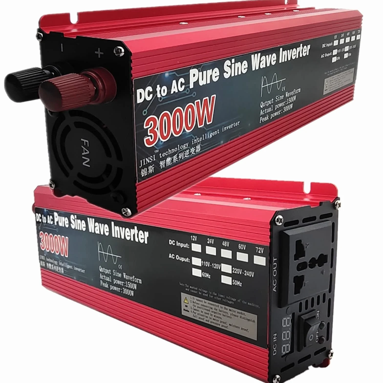 Inversor de Corriente, Inversor de onda sinusoidal pura DC 12v / 24v 1000W 1600W 2000W 3000W Convertidor de banco de energía portátil Inversor solar(3000W 24V,50HZ_1)