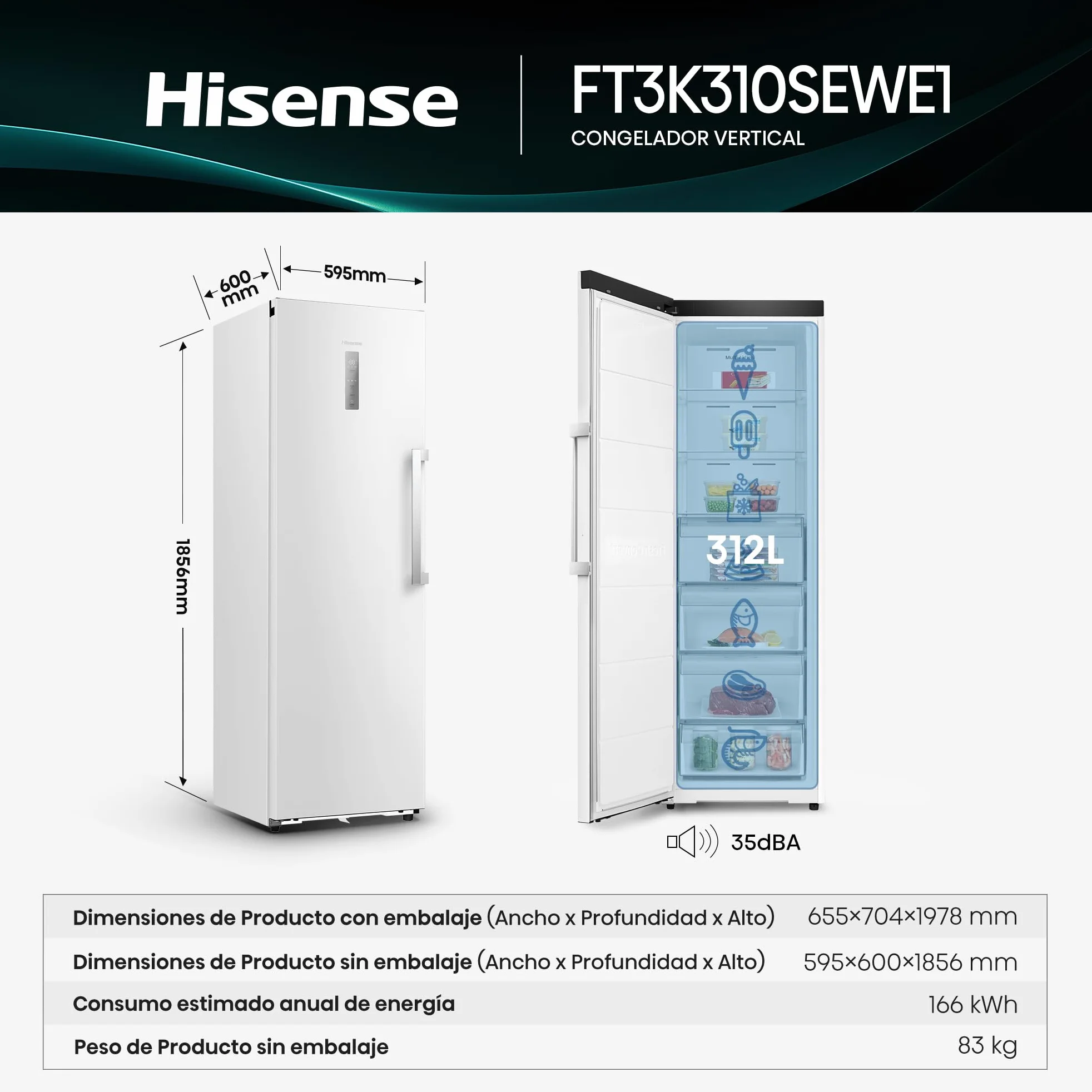 Hisense FT3K310SEWE1 - Congelador Una Puerta Total No Frost Kitchen Fit, 312L, 186cm, Ventilación Inferior, Congelamiento Rápido, Tirador de Apertura Fácil, Apertura de Puerta 90º, WiFi, Blanco