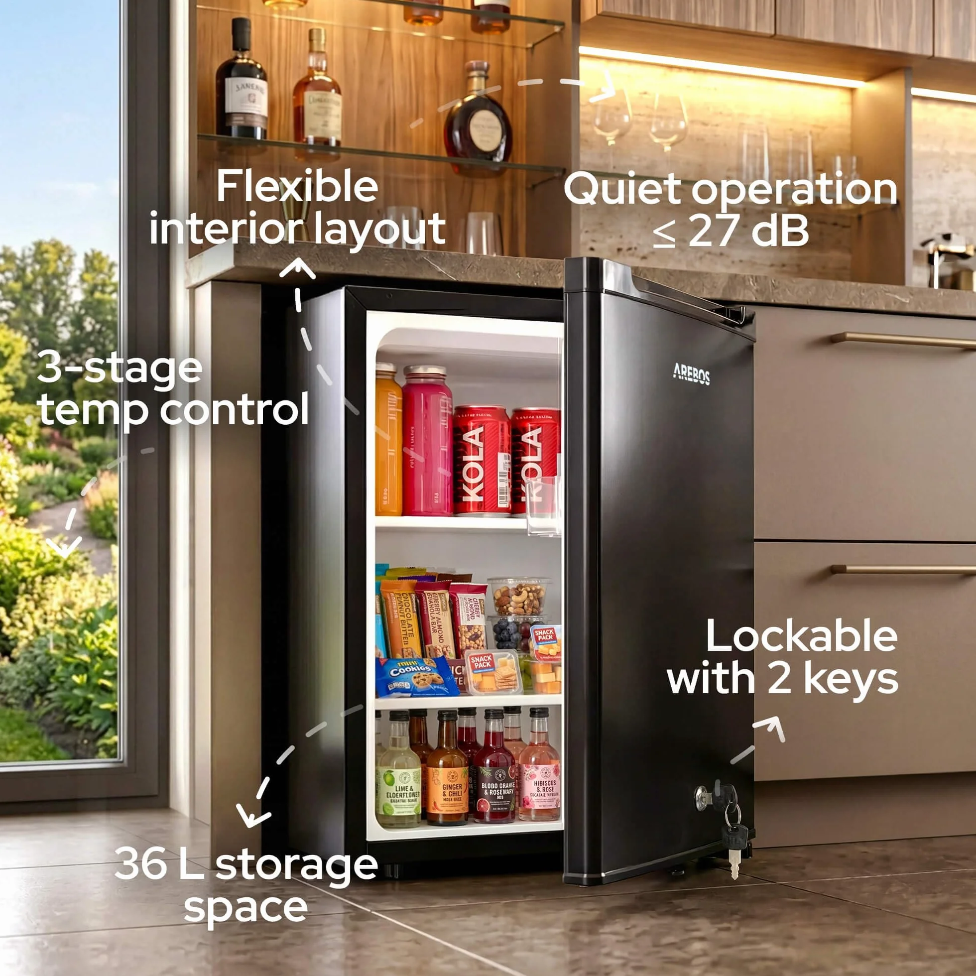 Arebos Mini Frigorífico 40L | Mini Bar Silencioso ≤27 dB | Nevera Compacta con Cerradura, LED y Temperatura Ajustable 5–18 °C | Frigorífico Oficina | Negro