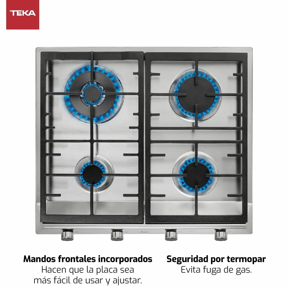 TEKA Placa de Gas 60 cm, 4 Quemadores Alta Eficiencia, Parrillas de Fundición, Doble Anillo, Mandos Frontales Metalizados, Autoencendido, Seguridad Termopar, EX 60.1 4G AI AL DR CI NAT