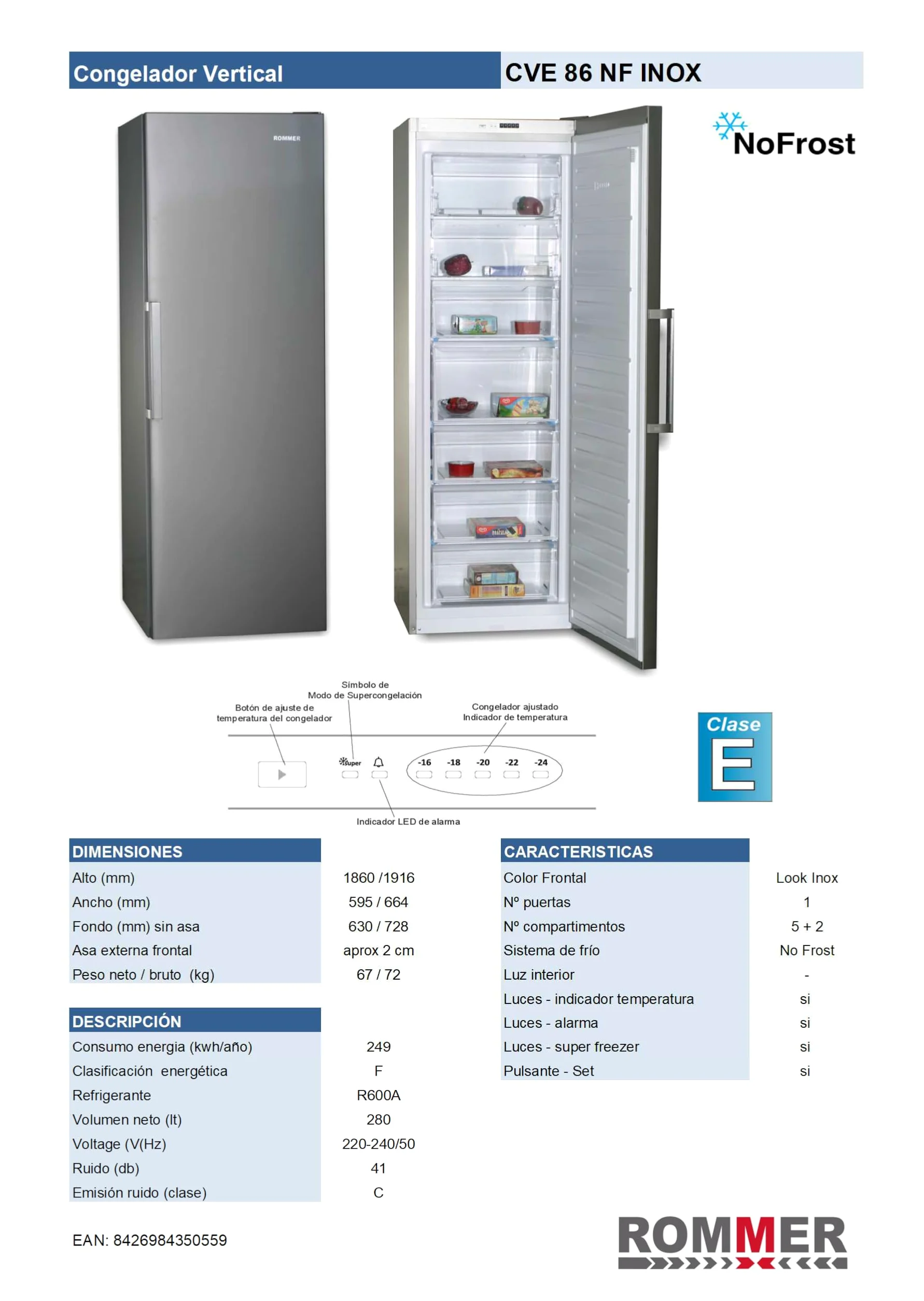 Congelador Vertical Rommer CVE 86 NF INOX, Capacidad 280 Litros, Color INOX, No Frost